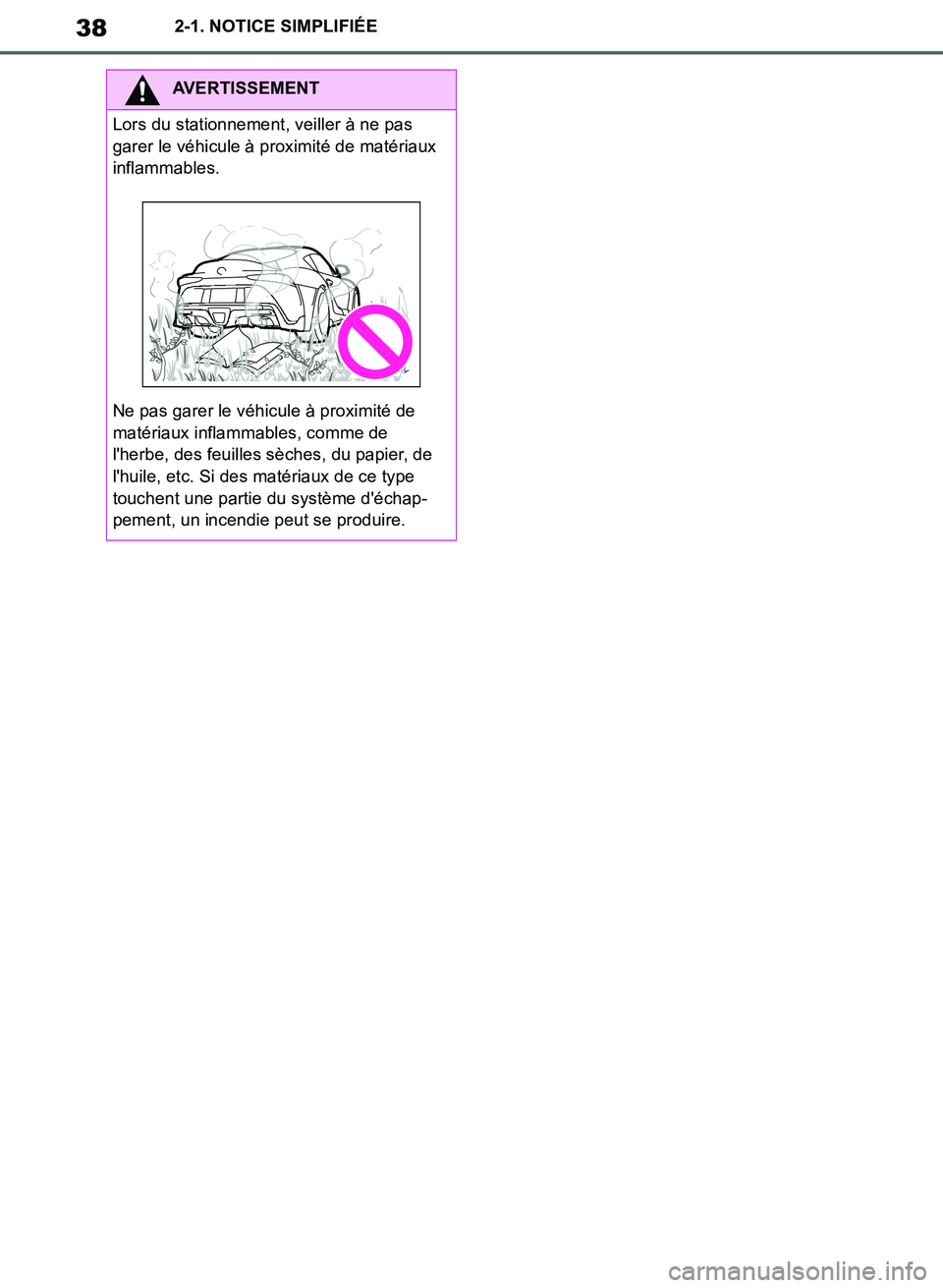TOYOTA SUPRA 2019  Notices Demploi (in French) 38
Supra Owners Manual_EK
2-1. NOTICE SIMPLIFIÉE
AVERTISSEMENT
Lors du stationnement, veiller à ne pas 
garer le véhicule à proximité de matériaux 
inflammables.
Ne pas garer le véhicule à pr