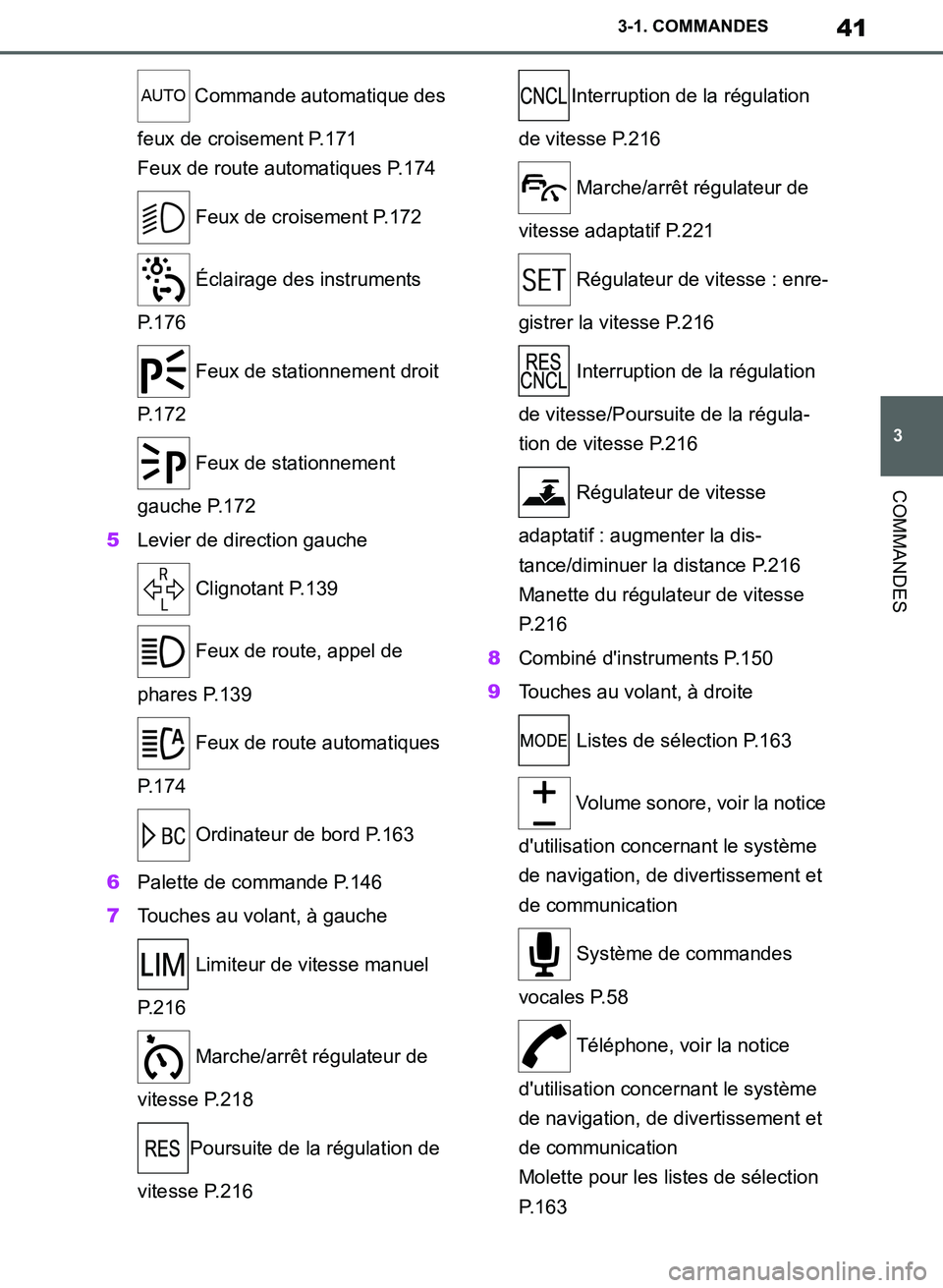TOYOTA SUPRA 2019  Notices Demploi (in French) 41
3
Supra Owners Manual_EK
3-1. COMMANDES
COMMANDES
 Commande automatique des 
feux de croisement P.171
Feux de route automatiques P.174
 Feux de croisement P.172
 Éclairage des instruments 
P.176
