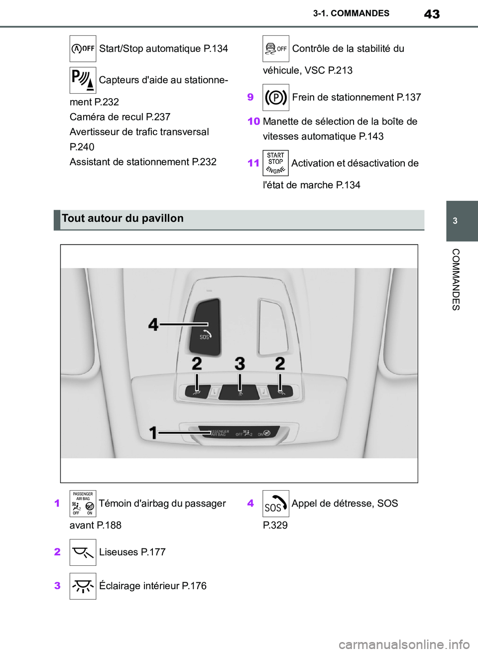TOYOTA SUPRA 2019  Notices Demploi (in French) 43
3
Supra Owners Manual_EK
3-1. COMMANDES
COMMANDES
 Start/Stop automatique P.134
 Capteurs daide au stationne-
ment P.232
Caméra de recul P.237
Avertisseur de trafic transversal 
P.240
Assistant 