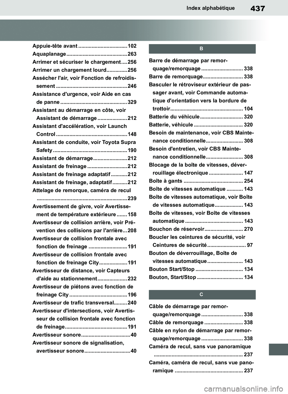 TOYOTA SUPRA 2019 Notices Demploi (in French) 437
Supra Owners Manual_EK
Index alphabétique
Appuie-tête avant ................................. 102
Aquaplanage ......................................... 263
Arrimer et sécuriser le chargement . TOYOTA SUPRA 2019 Notices Demploi (in French) 437
Supra Owners Manual_EK
Index alphabétique
Appuie-tête avant ................................. 102
Aquaplanage ......................................... 263
Arrimer et sécuriser le chargement .