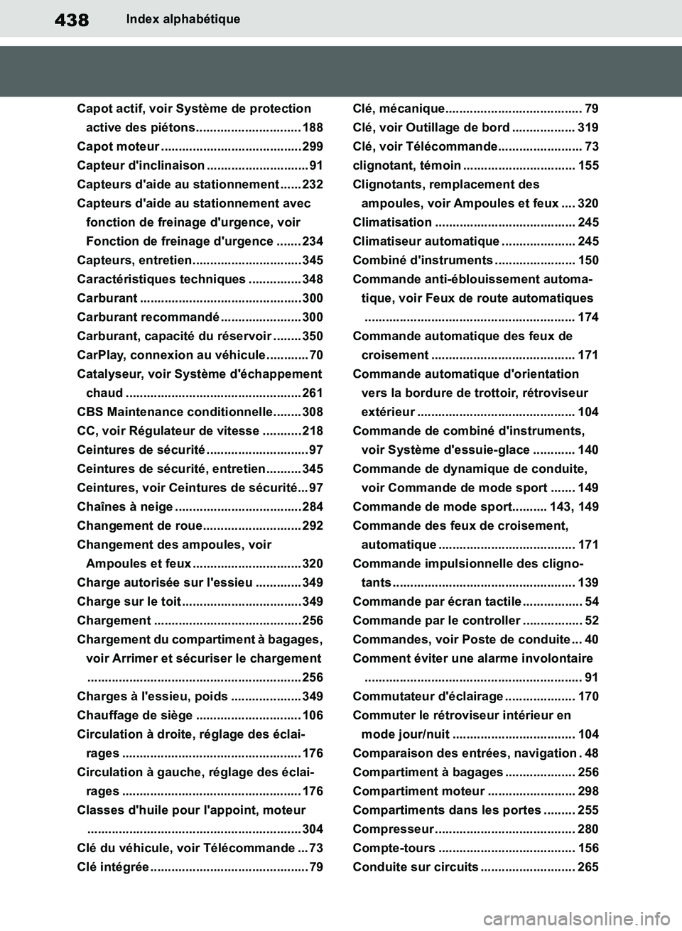 TOYOTA SUPRA 2019 Notices Demploi (in French) 438
Supra Owners Manual_EK
Index alphabétique
Capot actif, voir Système de protection
active des piétons.............................. 188
Capot moteur ........................................ 29 TOYOTA SUPRA 2019 Notices Demploi (in French) 438
Supra Owners Manual_EK
Index alphabétique
Capot actif, voir Système de protection
active des piétons.............................. 188
Capot moteur ........................................ 29