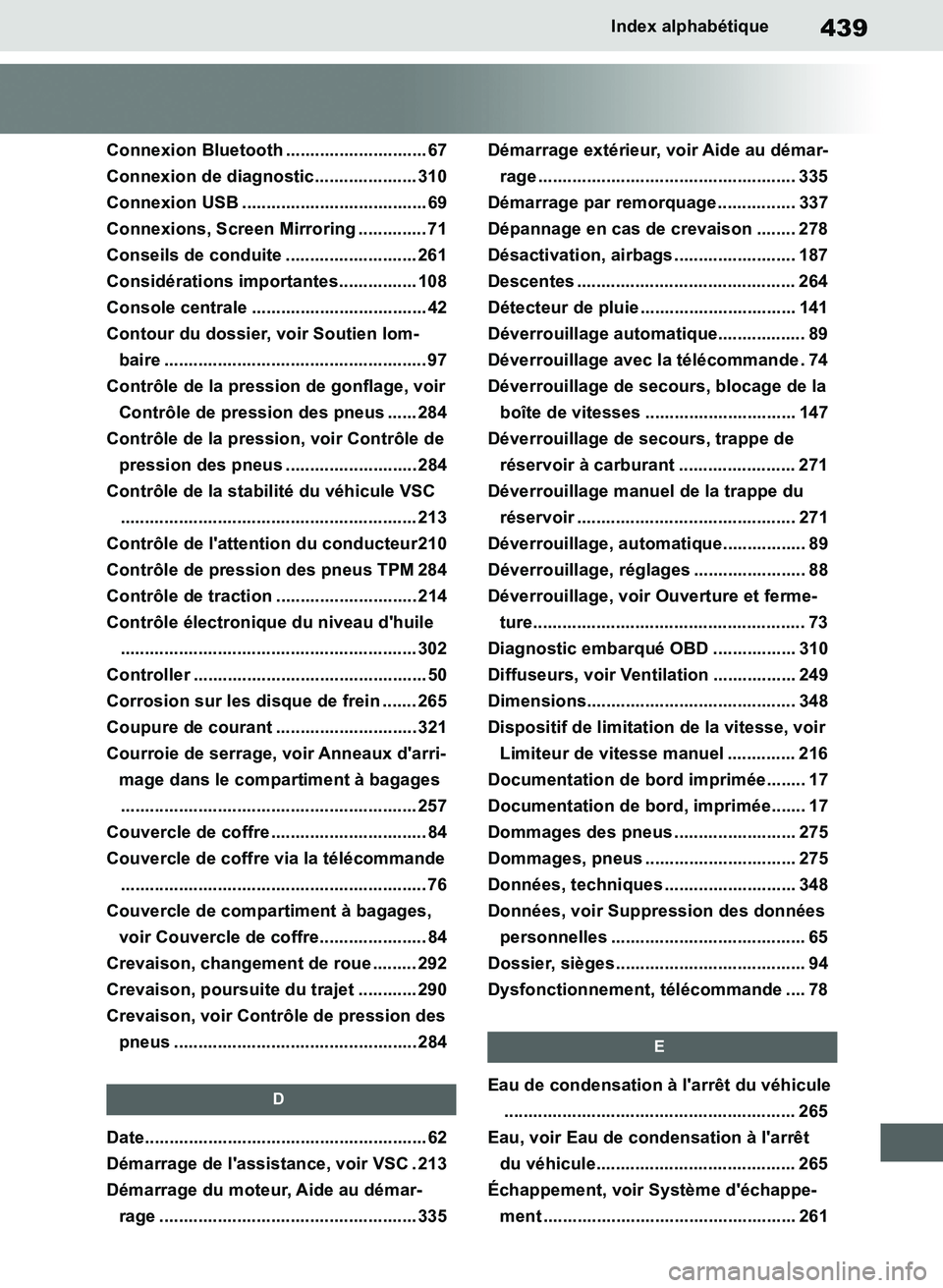 TOYOTA SUPRA 2019 Notices Demploi (in French) 439
Supra Owners Manual_EK
Index alphabétique
Connexion Bluetooth ............................. 67
Connexion de diagnostic..................... 310
Connexion USB .................................... TOYOTA SUPRA 2019 Notices Demploi (in French) 439
Supra Owners Manual_EK
Index alphabétique
Connexion Bluetooth ............................. 67
Connexion de diagnostic..................... 310
Connexion USB ....................................
