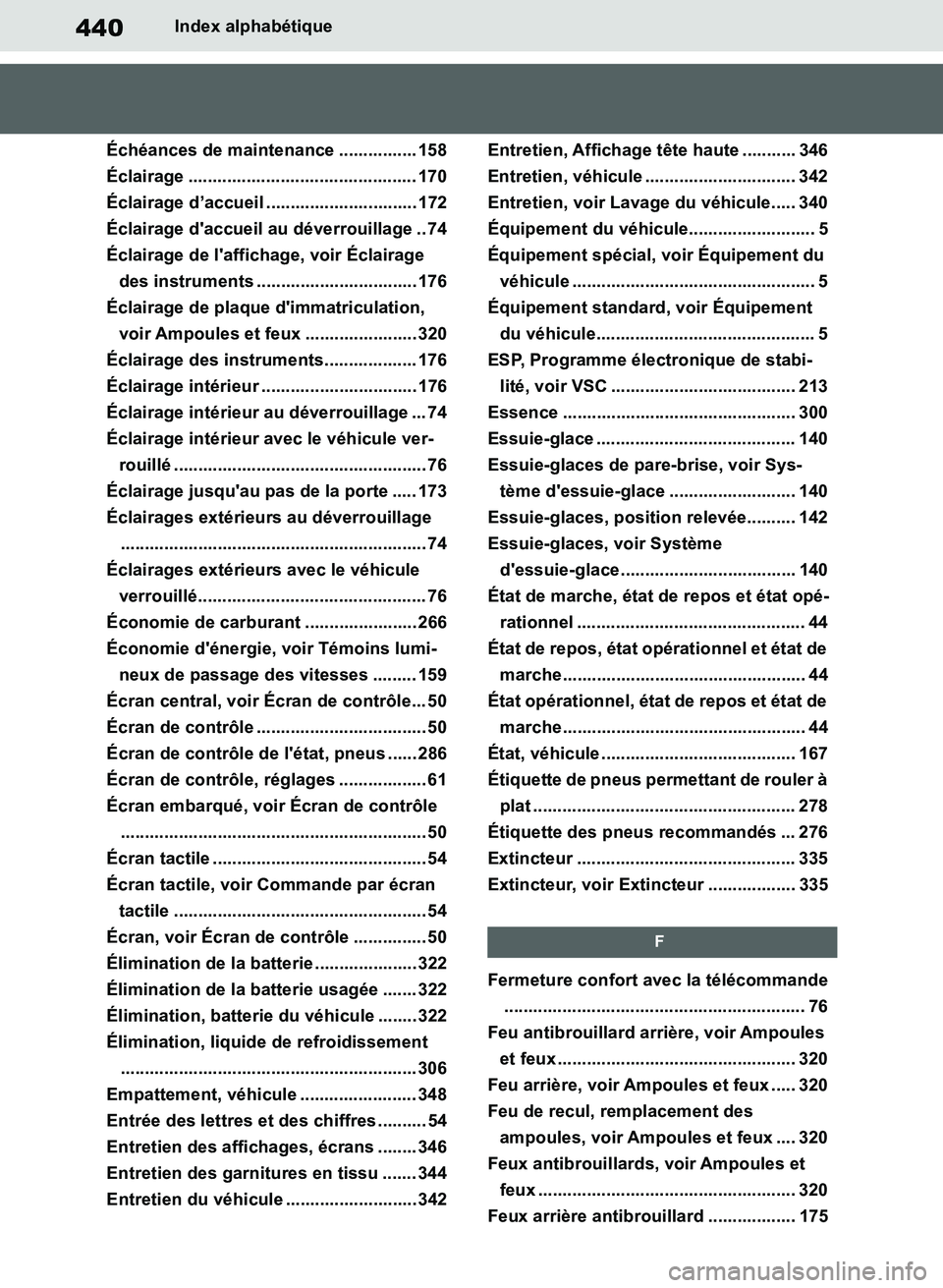 TOYOTA SUPRA 2019 Notices Demploi (in French) 440
Supra Owners Manual_EK
Index alphabétique
Échéances de maintenance ................ 158
Éclairage ............................................... 170
Éclairage d’accueil .................. TOYOTA SUPRA 2019 Notices Demploi (in French) 440
Supra Owners Manual_EK
Index alphabétique
Échéances de maintenance ................ 158
Éclairage ............................................... 170
Éclairage d’accueil ..................
