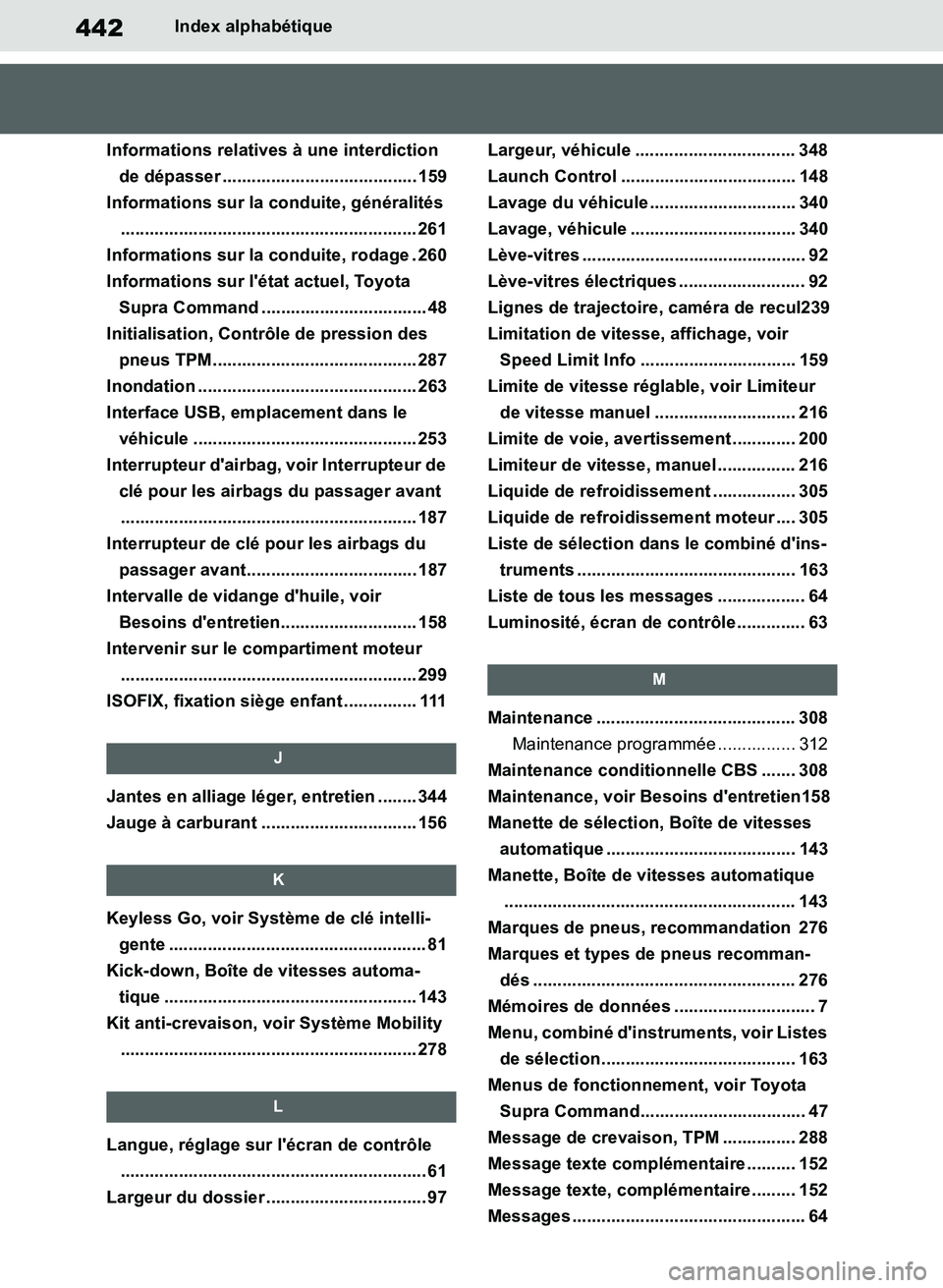 TOYOTA SUPRA 2019  Notices Demploi (in French) 442
Supra Owners Manual_EK
Index alphabétique
Informations relatives à une interdiction 
de dépasser ........................................ 159
Informations sur la conduite, généralités
.....