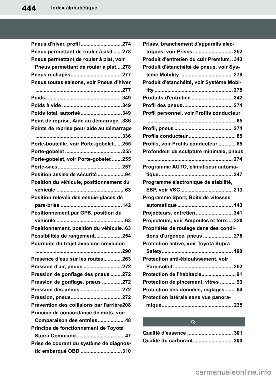 TOYOTA SUPRA 2019  Notices Demploi (in French) 444
Supra Owners Manual_EK
Index alphabétique
Pneus dhiver, profil ............................. 274
Pneus permettant de rouler à plat ...... 278
Pneus permettant de rouler à plat, voir 
Pneus pe