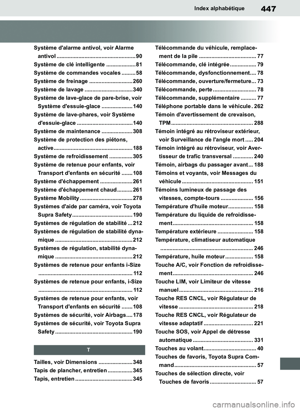 TOYOTA SUPRA 2019  Notices Demploi (in French) 447
Supra Owners Manual_EK
Index alphabétique
Système dalarme antivol, voir Alarme 
antivol ................................................... 90
Système de clé intelligente ...................
