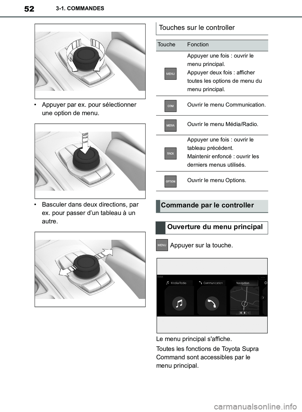 TOYOTA SUPRA 2019 Notices Demploi (in French) 52
Supra Owners Manual_EK
3-1. COMMANDES
• Appuyer par ex. pour sélectionner
une option de menu.
• Basculer dans deux directions, par
ex. pour passer d’un tableau à un
autre.
Appuyer sur TOYOTA SUPRA 2019 Notices Demploi (in French) 52
Supra Owners Manual_EK
3-1. COMMANDES
• Appuyer par ex. pour sélectionner
une option de menu.
• Basculer dans deux directions, par
ex. pour passer d’un tableau à un
autre.
Appuyer sur