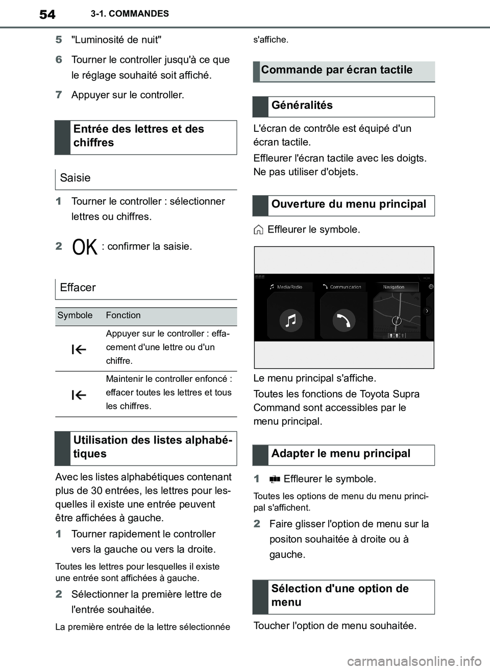 TOYOTA SUPRA 2019 Notices Demploi (in French) 54
Supra Owners Manual_EK
3-1. COMMANDES
5"Luminosité de nuit"
6Tourner le controller jusquà ce que
le réglage souhaité soit affiché.
7Appuyer sur le controller.
1Tourner le controller : séle TOYOTA SUPRA 2019 Notices Demploi (in French) 54
Supra Owners Manual_EK
3-1. COMMANDES
5"Luminosité de nuit"
6Tourner le controller jusquà ce que
le réglage souhaité soit affiché.
7Appuyer sur le controller.
1Tourner le controller : séle
