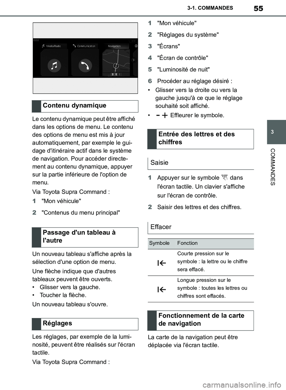 TOYOTA SUPRA 2019 Notices Demploi (in French) 55
3
Supra Owners Manual_EK
3-1. COMMANDES
COMMANDES
Le contenu dynamique peut être affiché
dans les options de menu. Le contenu
des options de menu est mis à jour
automatiquement, par exemple TOYOTA SUPRA 2019 Notices Demploi (in French) 55
3
Supra Owners Manual_EK
3-1. COMMANDES
COMMANDES
Le contenu dynamique peut être affiché
dans les options de menu. Le contenu
des options de menu est mis à jour
automatiquement, par exemple