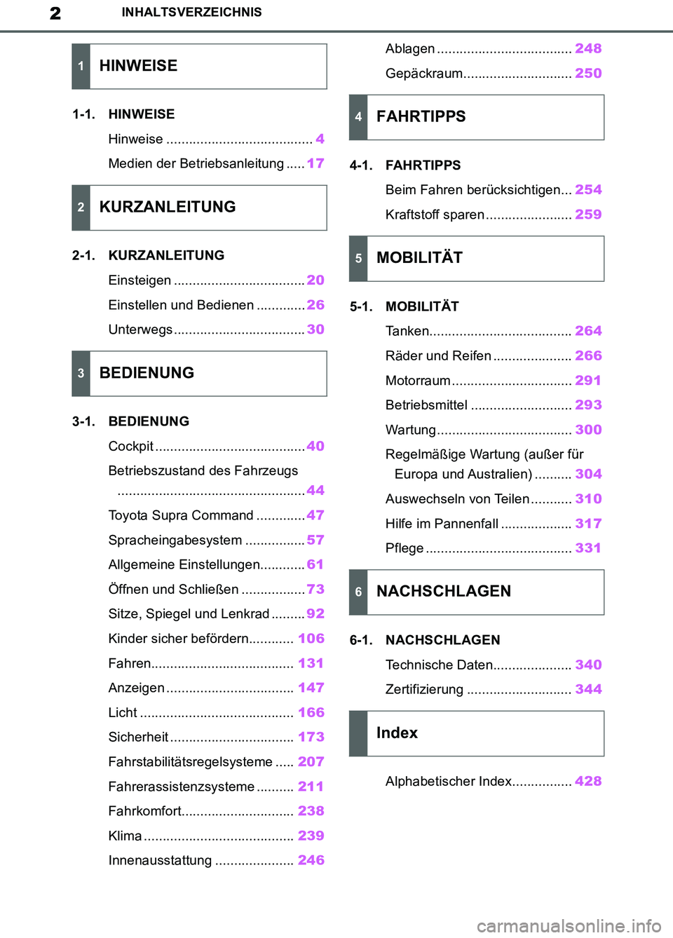 TOYOTA SUPRA 2019 Betriebsanleitungen (in German) 2
Supra Owner’s Manual_EM
INHALTSVERZEICHNIS
1-1. HINWEISE
Hinweise .......................................4
Medien der Betriebsanleitung .....17
2-1. KURZANLEITUNG
Einsteigen ...................... TOYOTA SUPRA 2019 Betriebsanleitungen (in German) 2
Supra Owner’s Manual_EM
INHALTSVERZEICHNIS
1-1. HINWEISE
Hinweise .......................................4
Medien der Betriebsanleitung .....17
2-1. KURZANLEITUNG
Einsteigen ......................