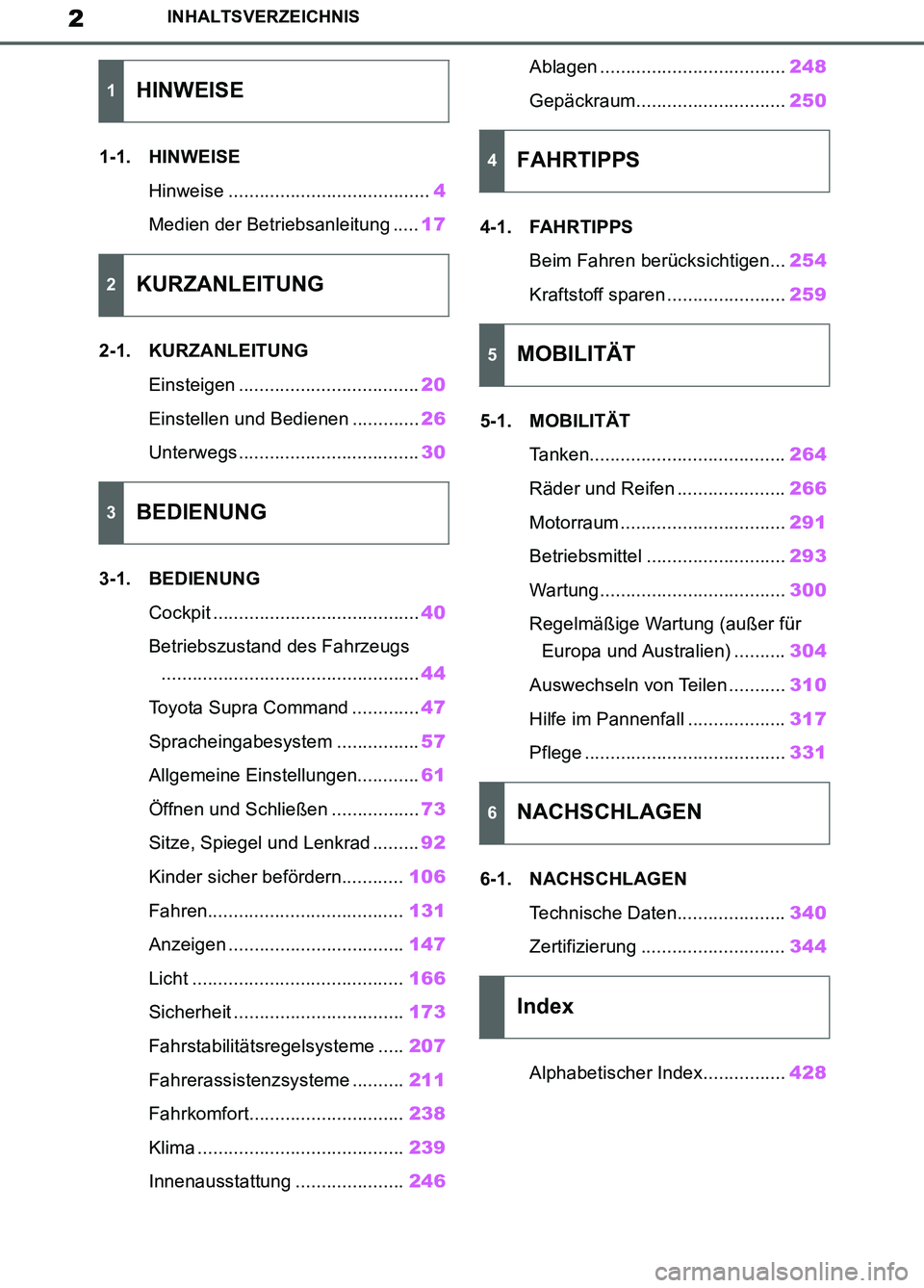 TOYOTA SUPRA 2019  Betriebsanleitungen (in German) 2
Supra Owner’s Manual_EM
INHALTSVERZEICHNIS
1-1. HINWEISE
Hinweise .......................................4
Medien der Betriebsanleitung .....17
2-1. KURZANLEITUNG
Einsteigen ......................