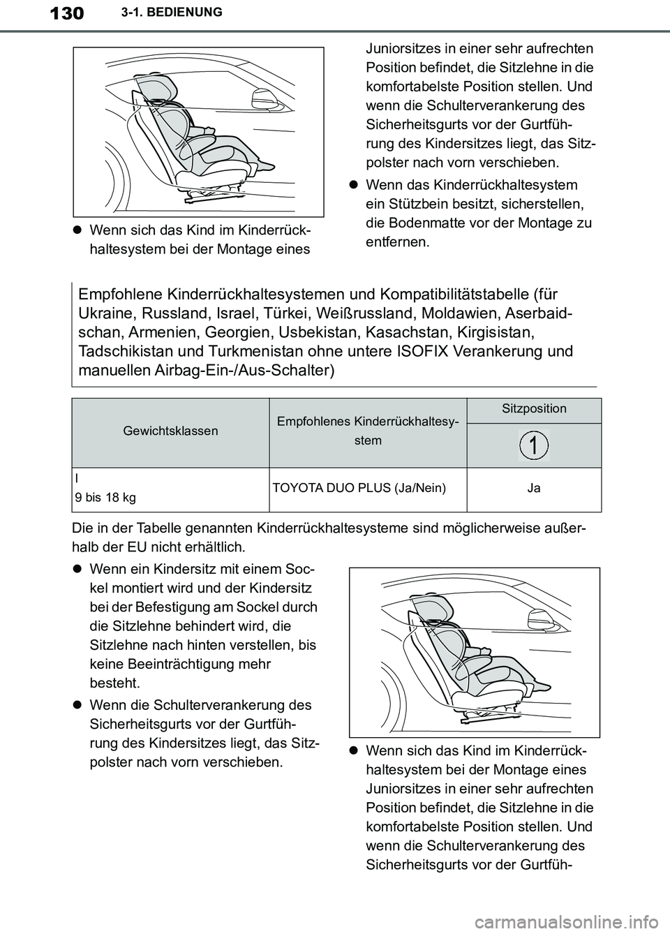TOYOTA SUPRA 2019 Betriebsanleitungen (in German) 130
Supra Owner’s Manual_EM
3-1. BEDIENUNG
Wenn sich das Kind im Kinderrück-
haltesystem bei der Montage eines Juniorsitzes in einer sehr aufrechten
Position befindet, die Sitzlehne in die
kom TOYOTA SUPRA 2019 Betriebsanleitungen (in German) 130
Supra Owner’s Manual_EM
3-1. BEDIENUNG
Wenn sich das Kind im Kinderrück-
haltesystem bei der Montage eines Juniorsitzes in einer sehr aufrechten
Position befindet, die Sitzlehne in die
kom