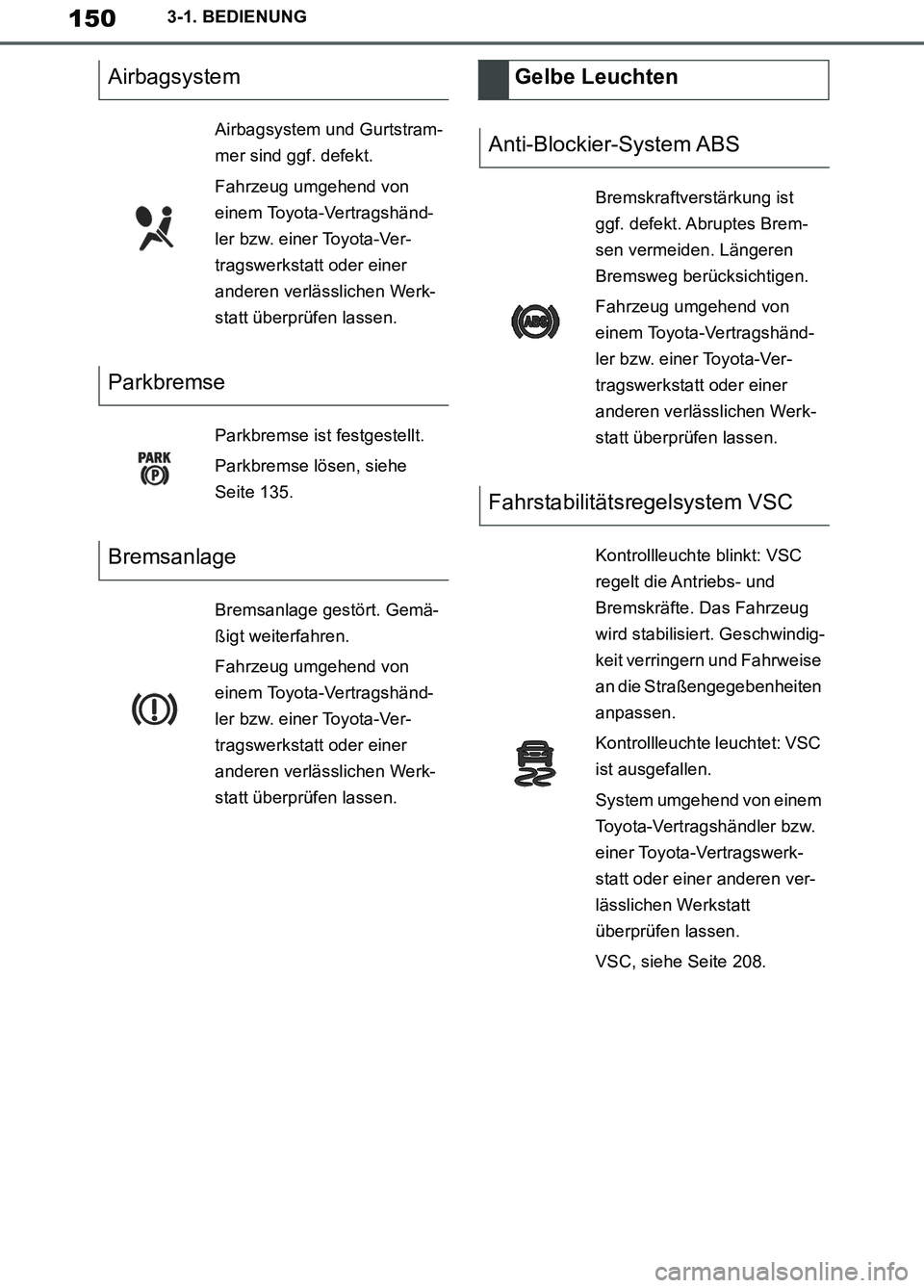 TOYOTA SUPRA 2019 Betriebsanleitungen (in German) 150
Supra Owner’s Manual_EM
3-1. BEDIENUNG
Airbagsystem
Airbagsystem und Gurtstram-
mer sind ggf. defekt.
Fahrzeug umgehend von
einem Toyota-Vertragshänd-
ler bzw. einer Toyota-Ver-
tragswerkstatt TOYOTA SUPRA 2019 Betriebsanleitungen (in German) 150
Supra Owner’s Manual_EM
3-1. BEDIENUNG
Airbagsystem
Airbagsystem und Gurtstram-
mer sind ggf. defekt.
Fahrzeug umgehend von
einem Toyota-Vertragshänd-
ler bzw. einer Toyota-Ver-
tragswerkstatt