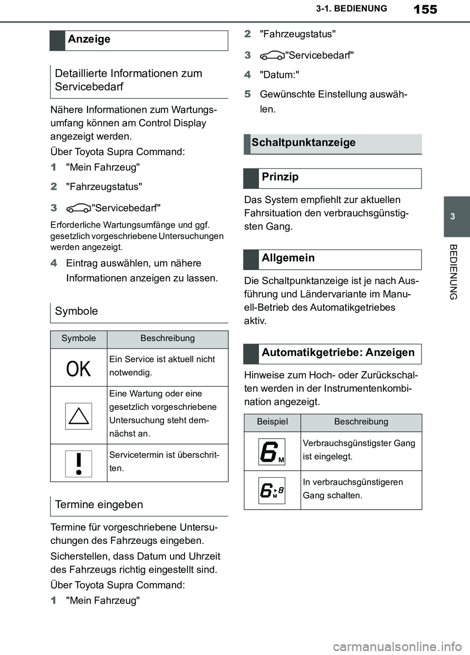 TOYOTA SUPRA 2019 Betriebsanleitungen (in German) 155
3
Supra Owner’s Manual_EM
3-1. BEDIENUNG
BEDIENUNG
Nähere Informationen zum Wartungs-
umfang können am Control Display
angezeigt werden.
Über Toyota Supra Command:
1"Mein Fahrzeug"
2"Fahrzeu TOYOTA SUPRA 2019 Betriebsanleitungen (in German) 155
3
Supra Owner’s Manual_EM
3-1. BEDIENUNG
BEDIENUNG
Nähere Informationen zum Wartungs-
umfang können am Control Display
angezeigt werden.
Über Toyota Supra Command:
1"Mein Fahrzeug"
2"Fahrzeu
