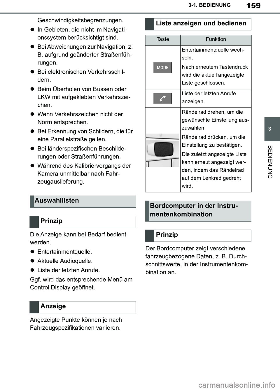 TOYOTA SUPRA 2019 Betriebsanleitungen (in German) 159
3
Supra Owner’s Manual_EM
3-1. BEDIENUNG
BEDIENUNG
Geschwindigkeitsbegrenzungen.
In Gebieten, die nicht im Navigati-
onssystem berücksichtigt sind.
Bei Abweichungen zur Navigation, z.
B. TOYOTA SUPRA 2019 Betriebsanleitungen (in German) 159
3
Supra Owner’s Manual_EM
3-1. BEDIENUNG
BEDIENUNG
Geschwindigkeitsbegrenzungen.
In Gebieten, die nicht im Navigati-
onssystem berücksichtigt sind.
Bei Abweichungen zur Navigation, z.
B.