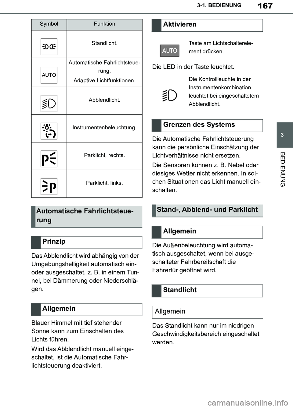 TOYOTA SUPRA 2019 Betriebsanleitungen (in German) 167
3
Supra Owner’s Manual_EM
3-1. BEDIENUNG
BEDIENUNG
Das Abblendlicht wird abhängig von der
Umgebungshelligkeit automatisch ein-
oder ausgeschaltet, z. B. in einem Tun-
nel, bei Dämmerung oder TOYOTA SUPRA 2019 Betriebsanleitungen (in German) 167
3
Supra Owner’s Manual_EM
3-1. BEDIENUNG
BEDIENUNG
Das Abblendlicht wird abhängig von der
Umgebungshelligkeit automatisch ein-
oder ausgeschaltet, z. B. in einem Tun-
nel, bei Dämmerung oder