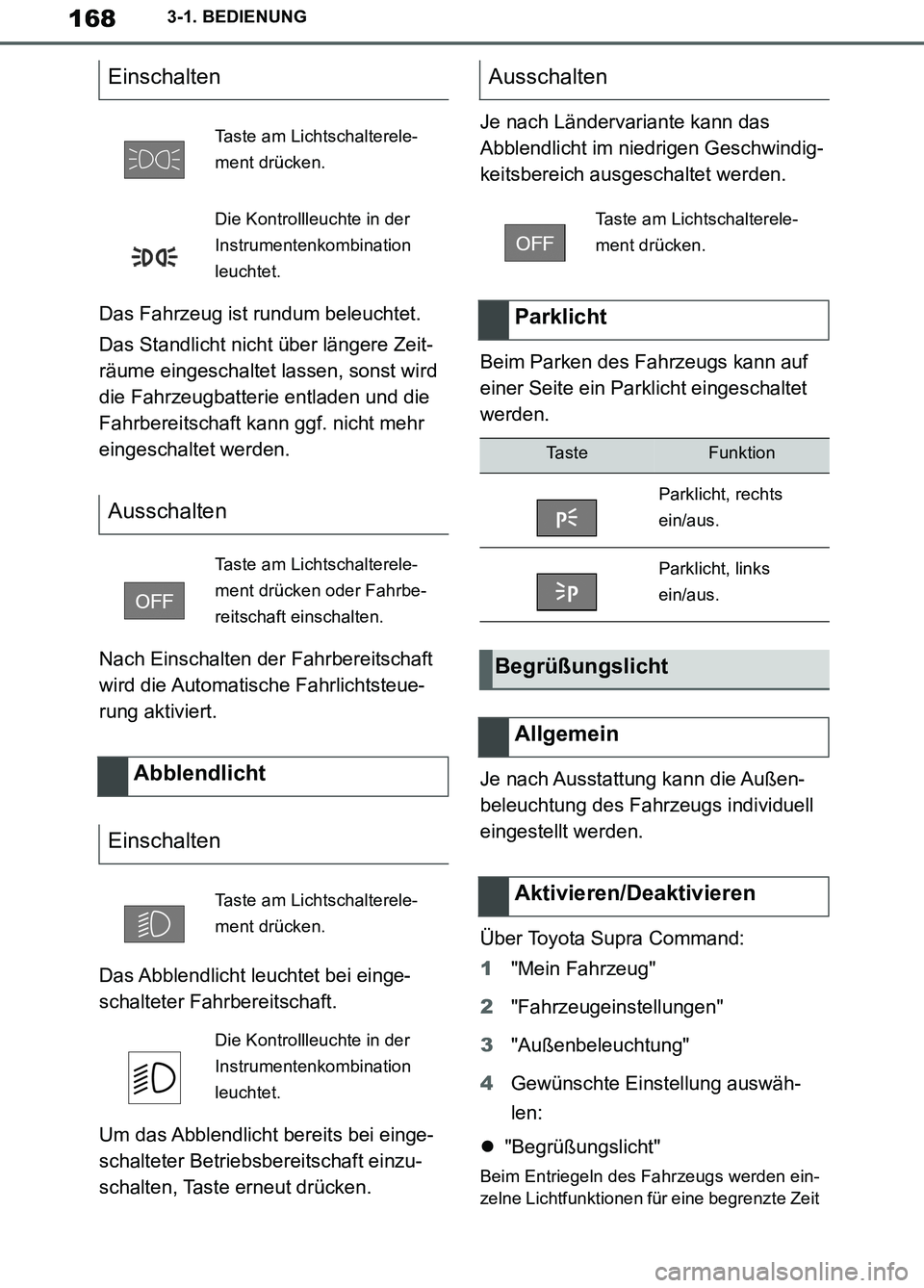 TOYOTA SUPRA 2019 Betriebsanleitungen (in German) 168
Supra Owner’s Manual_EM
3-1. BEDIENUNG
Das Fahrzeug ist rundum beleuchtet.
Das Standlicht nicht über längere Zeit-
räume eingeschaltet lassen, sonst wird
die Fahrzeugbatterie entladen und di TOYOTA SUPRA 2019 Betriebsanleitungen (in German) 168
Supra Owner’s Manual_EM
3-1. BEDIENUNG
Das Fahrzeug ist rundum beleuchtet.
Das Standlicht nicht über längere Zeit-
räume eingeschaltet lassen, sonst wird
die Fahrzeugbatterie entladen und di