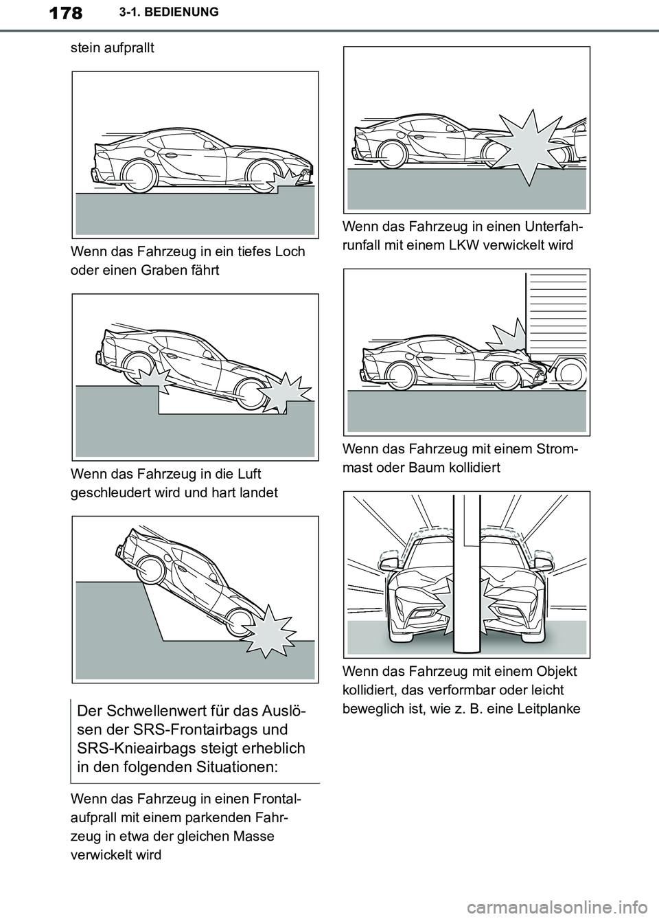TOYOTA SUPRA 2019 Betriebsanleitungen (in German) 178
Supra Owner’s Manual_EM
3-1. BEDIENUNG
stein aufprallt
Wenn das Fahrzeug in ein tiefes Loch
oder einen Graben fährt
Wenn das Fahrzeug in die Luft
geschleudert wird und hart landet
Wenn das Fa TOYOTA SUPRA 2019 Betriebsanleitungen (in German) 178
Supra Owner’s Manual_EM
3-1. BEDIENUNG
stein aufprallt
Wenn das Fahrzeug in ein tiefes Loch
oder einen Graben fährt
Wenn das Fahrzeug in die Luft
geschleudert wird und hart landet
Wenn das Fa