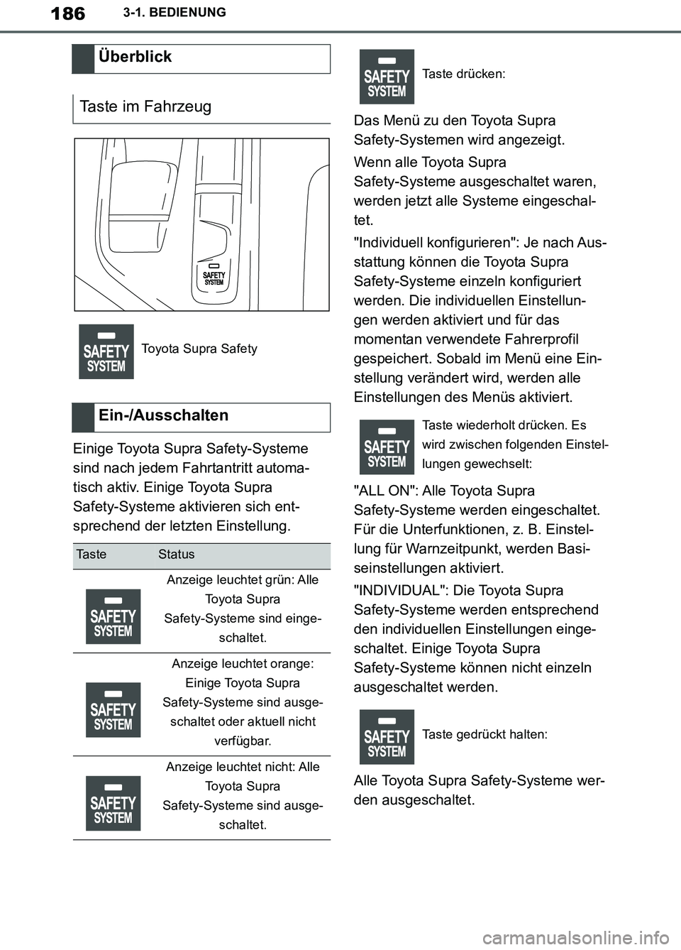 TOYOTA SUPRA 2019 Betriebsanleitungen (in German) 186
Supra Owner’s Manual_EM
3-1. BEDIENUNG
Einige Toyota Supra Safety-Systeme
sind nach jedem Fahrtantritt automa-
tisch aktiv. Einige Toyota Supra
Safety-Systeme aktivieren sich ent-
sprechend de TOYOTA SUPRA 2019 Betriebsanleitungen (in German) 186
Supra Owner’s Manual_EM
3-1. BEDIENUNG
Einige Toyota Supra Safety-Systeme
sind nach jedem Fahrtantritt automa-
tisch aktiv. Einige Toyota Supra
Safety-Systeme aktivieren sich ent-
sprechend de