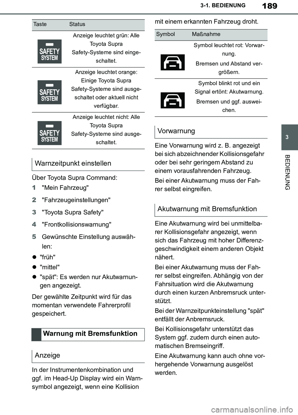 TOYOTA SUPRA 2019 Betriebsanleitungen (in German) 189
3
Supra Owner’s Manual_EM
3-1. BEDIENUNG
BEDIENUNG
Über Toyota Supra Command:
1"Mein Fahrzeug"
2"Fahrzeugeinstellungen"
3"Toyota Supra Safety"
4"Frontkollisionswarnung"
5Gewünschte Einstellung TOYOTA SUPRA 2019 Betriebsanleitungen (in German) 189
3
Supra Owner’s Manual_EM
3-1. BEDIENUNG
BEDIENUNG
Über Toyota Supra Command:
1"Mein Fahrzeug"
2"Fahrzeugeinstellungen"
3"Toyota Supra Safety"
4"Frontkollisionswarnung"
5Gewünschte Einstellung