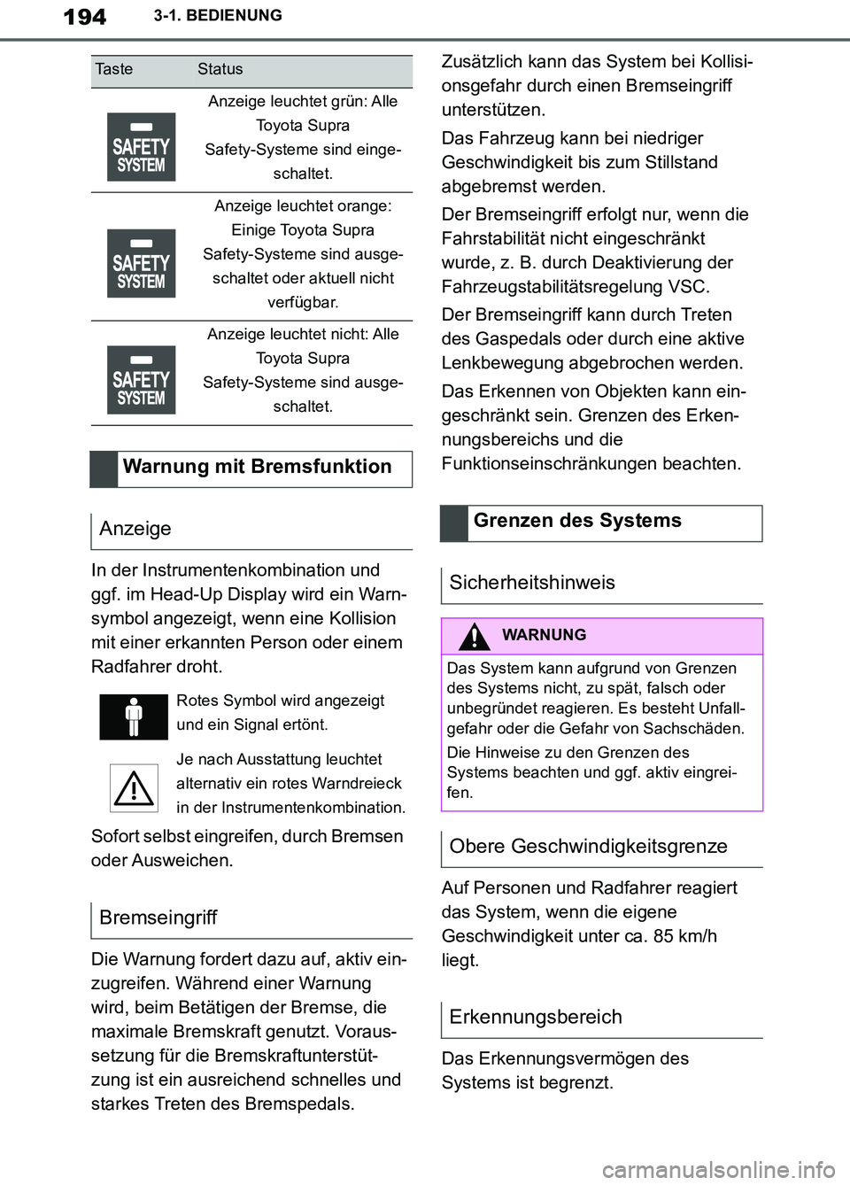 TOYOTA SUPRA 2019 Betriebsanleitungen (in German) 194
Supra Owner’s Manual_EM
3-1. BEDIENUNG
In der Instrumentenkombination und
ggf. im Head-Up Display wird ein Warn-
symbol angezeigt, wenn eine Kollision
mit einer erkannten Person oder einem
Ra TOYOTA SUPRA 2019 Betriebsanleitungen (in German) 194
Supra Owner’s Manual_EM
3-1. BEDIENUNG
In der Instrumentenkombination und
ggf. im Head-Up Display wird ein Warn-
symbol angezeigt, wenn eine Kollision
mit einer erkannten Person oder einem
Ra