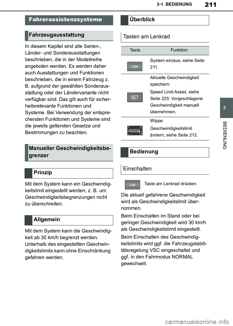 TOYOTA SUPRA 2019 Betriebsanleitungen (in German) 211
3
Supra Owner’s Manual_EM
3-1. BEDIENUNG
BEDIENUNG
In diesem Kapitel sind alle Serien-,
Länder- und Sonderausstattungen
beschrieben, die in der Modellreihe
angeboten werden. Es werden daher TOYOTA SUPRA 2019 Betriebsanleitungen (in German) 211
3
Supra Owner’s Manual_EM
3-1. BEDIENUNG
BEDIENUNG
In diesem Kapitel sind alle Serien-,
Länder- und Sonderausstattungen
beschrieben, die in der Modellreihe
angeboten werden. Es werden daher