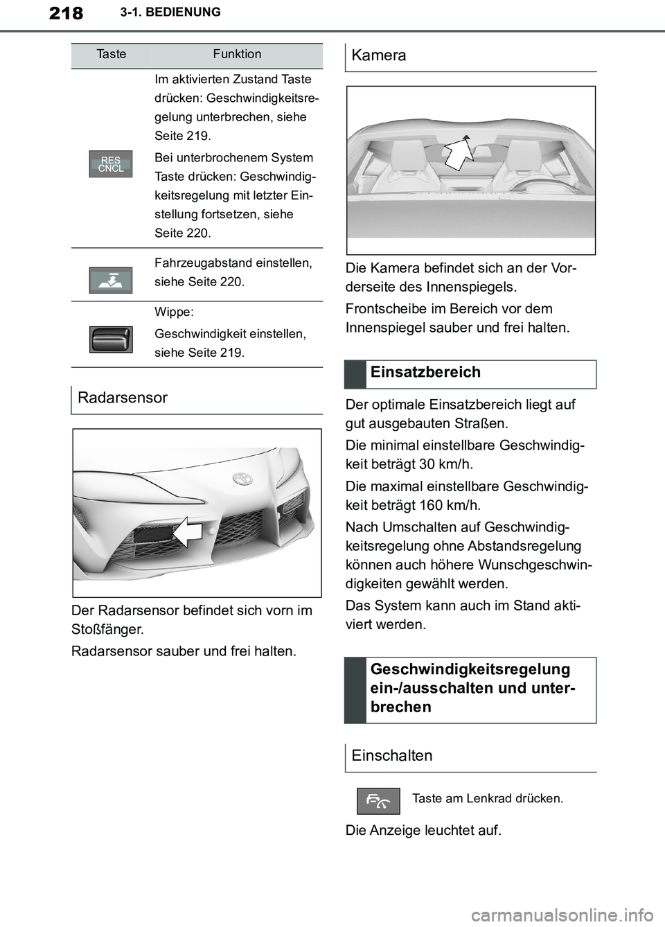 TOYOTA SUPRA 2019 Betriebsanleitungen (in German) 218
Supra Owner’s Manual_EM
3-1. BEDIENUNG
Der Radarsensor befindet sich vorn im
Stoßfänger.
Radarsensor sauber und frei halten.Die Kamera befindet sich an der Vor-
derseite des Innenspiegels.
Fr TOYOTA SUPRA 2019 Betriebsanleitungen (in German) 218
Supra Owner’s Manual_EM
3-1. BEDIENUNG
Der Radarsensor befindet sich vorn im
Stoßfänger.
Radarsensor sauber und frei halten.Die Kamera befindet sich an der Vor-
derseite des Innenspiegels.
Fr