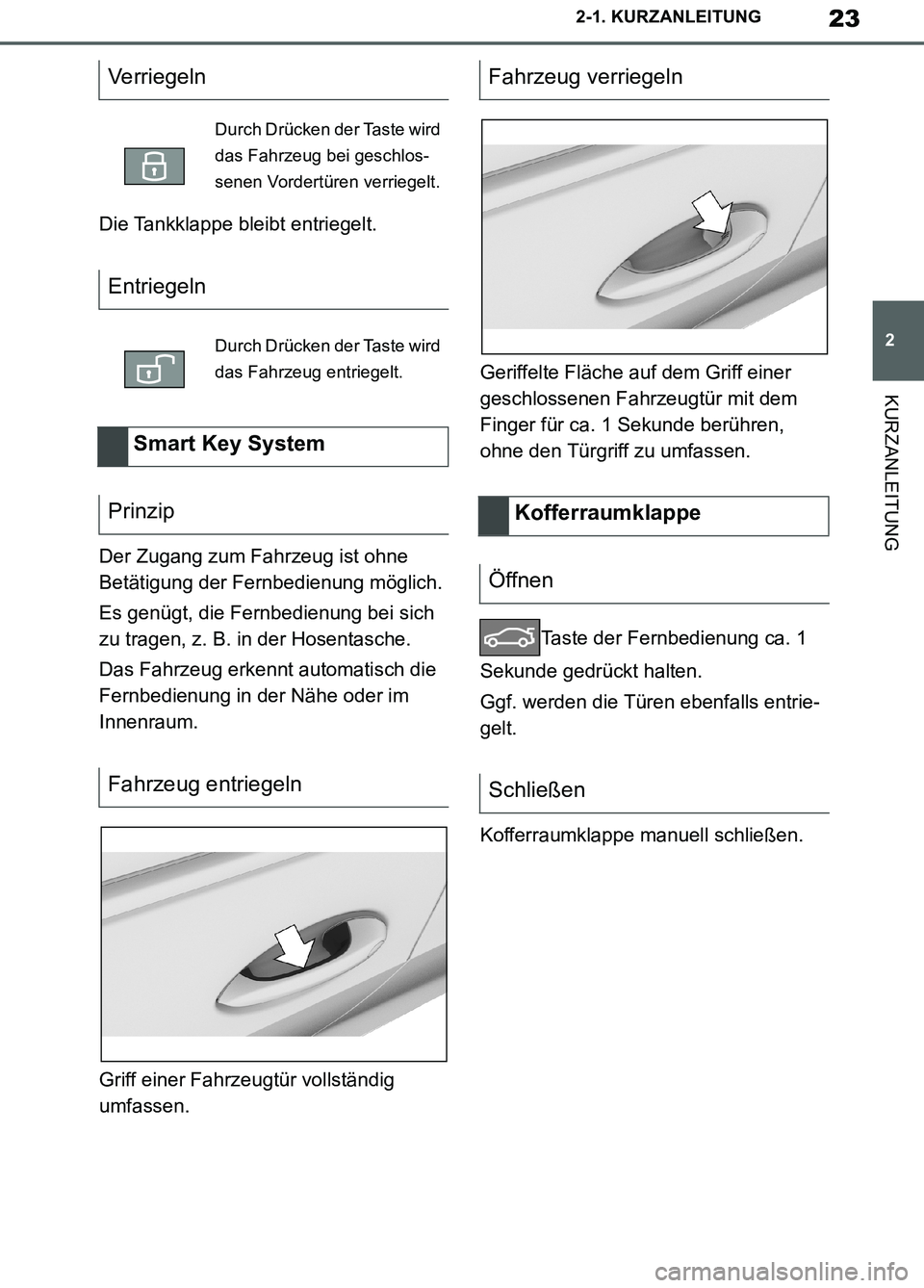 TOYOTA SUPRA 2019  Betriebsanleitungen (in German) 23
2
Supra Owner’s Manual_EM
2-1. KURZANLEITUNG
KURZANLEITUNG
Die Tankklappe bleibt entriegelt.
Der Zugang zum Fahrzeug ist ohne 
Betätigung der Fernbedienung möglich.
Es genügt, die Fernbedienun