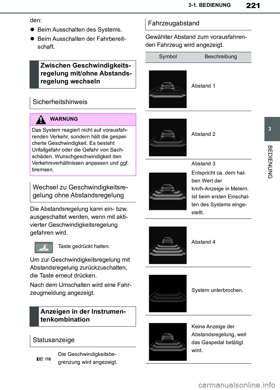 TOYOTA SUPRA 2019  Betriebsanleitungen (in German) 221
3
Supra Owner’s Manual_EM
3-1. BEDIENUNG
BEDIENUNG
den:
Beim Ausschalten des Systems.
Beim Ausschalten der Fahrbereit-
schaft.
Die Abstandsregelung kann ein- bzw. 
ausgeschaltet werden, we