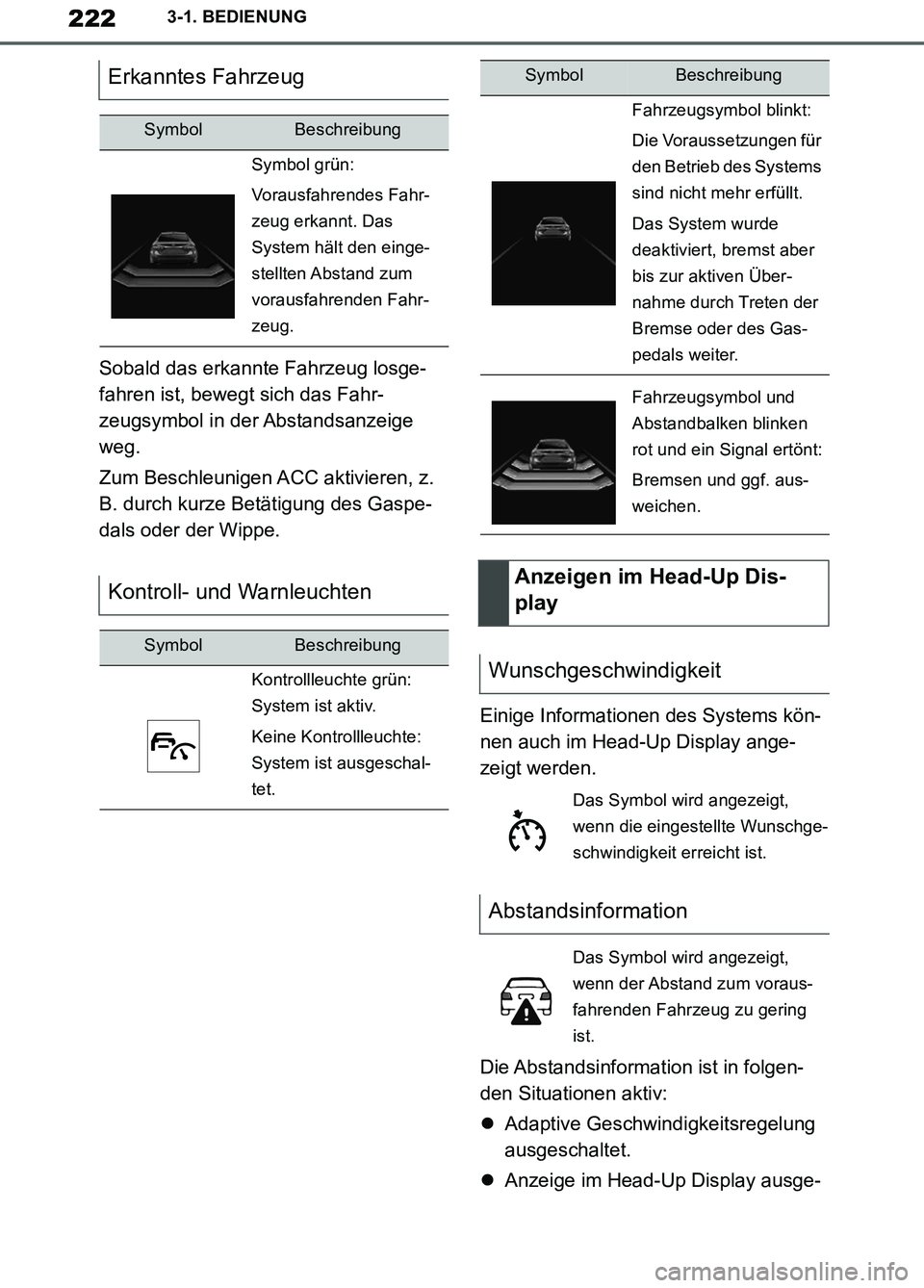 TOYOTA SUPRA 2019  Betriebsanleitungen (in German) 222
Supra Owner’s Manual_EM
3-1. BEDIENUNG
Sobald das erkannte Fahrzeug losge-
fahren ist, bewegt sich das Fahr-
zeugsymbol in der Abstandsanzeige 
weg.
Zum Beschleunigen ACC aktivieren, z. 
B. durc