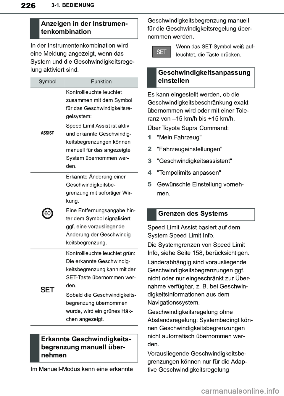 TOYOTA SUPRA 2019  Betriebsanleitungen (in German) 226
Supra Owner’s Manual_EM
3-1. BEDIENUNG
In der Instrumentenkombination wird 
eine Meldung angezeigt, wenn das 
System und die Geschwindigkeitsrege-
lung aktiviert sind.
Im Manuell-Modus kann eine