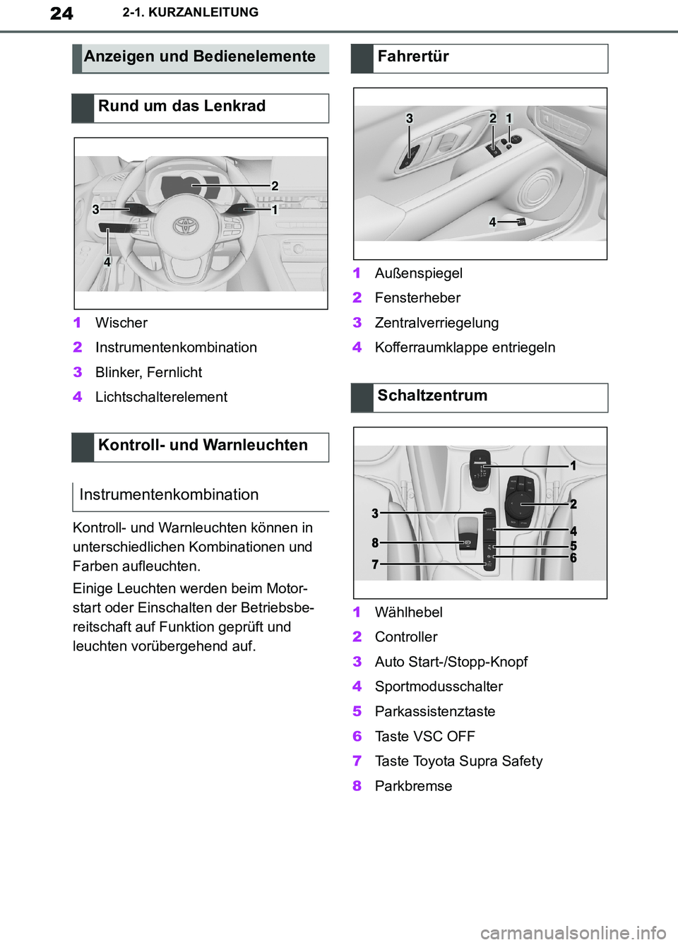 TOYOTA SUPRA 2019  Betriebsanleitungen (in German) 24
Supra Owner’s Manual_EM
2-1. KURZANLEITUNG
1Wischer
2Instrumentenkombination
3Blinker, Fernlicht
4Lichtschalterelement
Kontroll- und Warnleuchten können in 
unterschiedlichen Kombinationen und 
