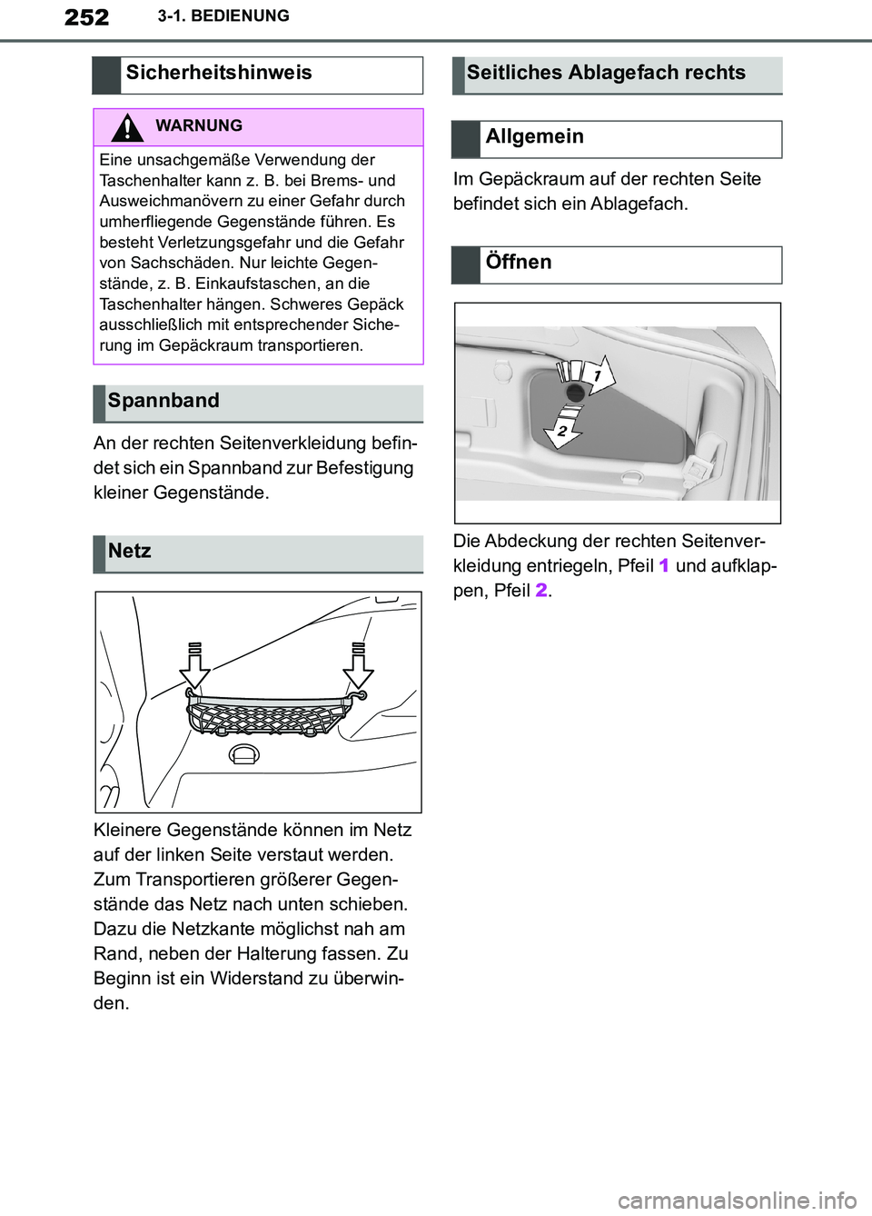 TOYOTA SUPRA 2019  Betriebsanleitungen (in German) 252
Supra Owner’s Manual_EM
3-1. BEDIENUNG
An der rechten Seitenverkleidung befin-
det sich ein Spannband zur Befestigung 
kleiner Gegenstände.
Kleinere Gegenstände können im Netz 
auf der linken