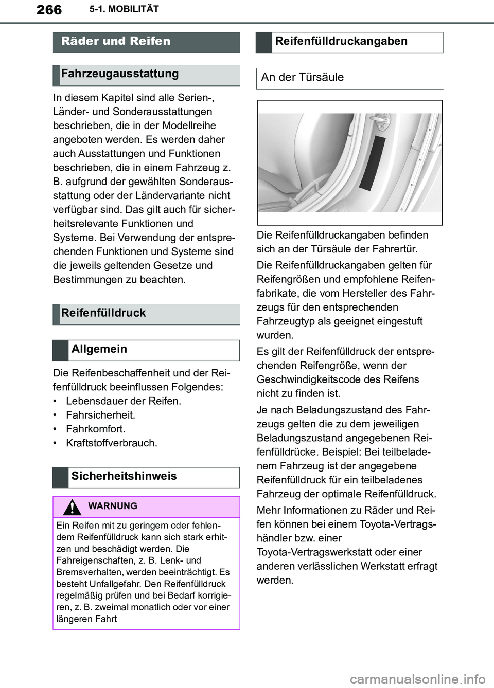 TOYOTA SUPRA 2019  Betriebsanleitungen (in German) 266
Supra Owner’s Manual_EM
5-1. MOBILITÄT
In diesem Kapitel sind alle Serien-, 
Länder- und Sonderausstattungen 
beschrieben, die in der Modellreihe 
angeboten werden. Es werden daher 
auch Ausst