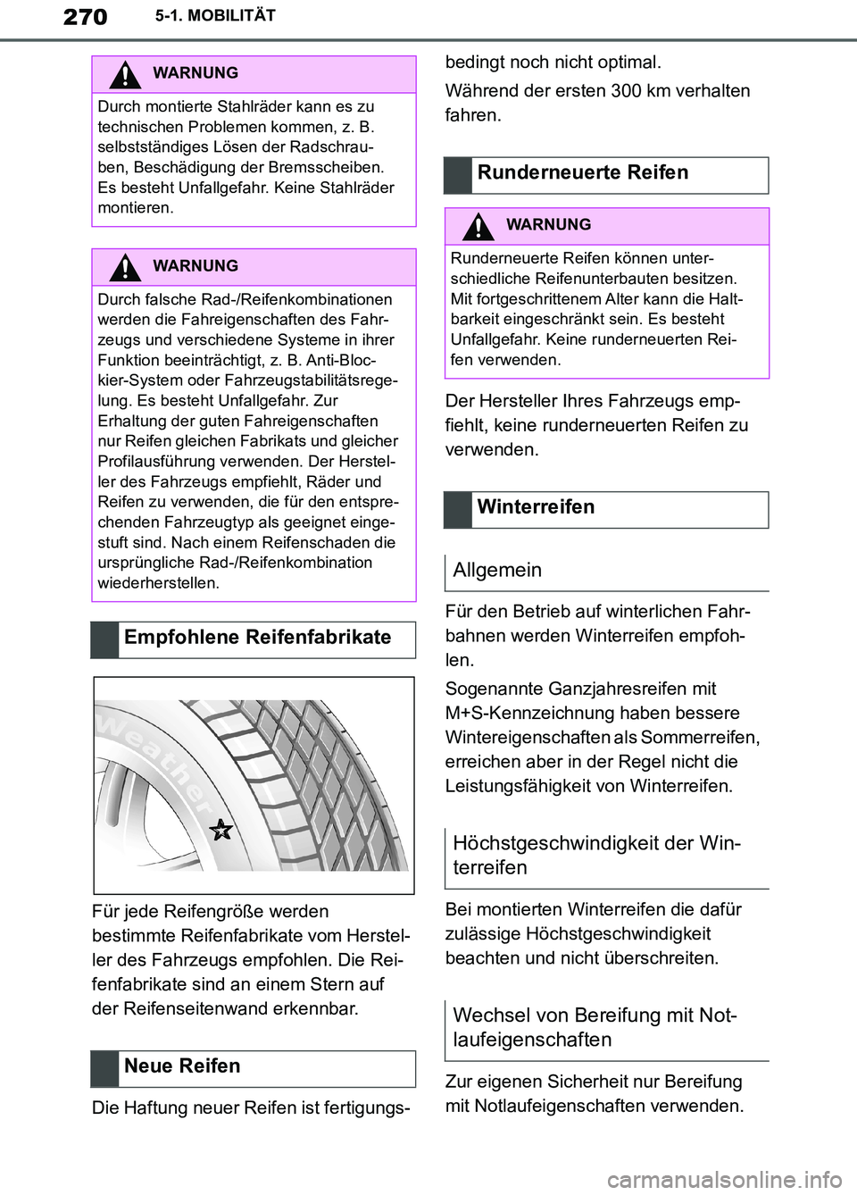 TOYOTA SUPRA 2019  Betriebsanleitungen (in German) 270
Supra Owner’s Manual_EM
5-1. MOBILITÄT
Für jede Reifengröße werden 
bestimmte Reifenfabrikate vom Herstel-
ler des Fahrzeugs empfohlen. Die Rei-
fenfabrikate sind an einem Stern auf 
der Rei