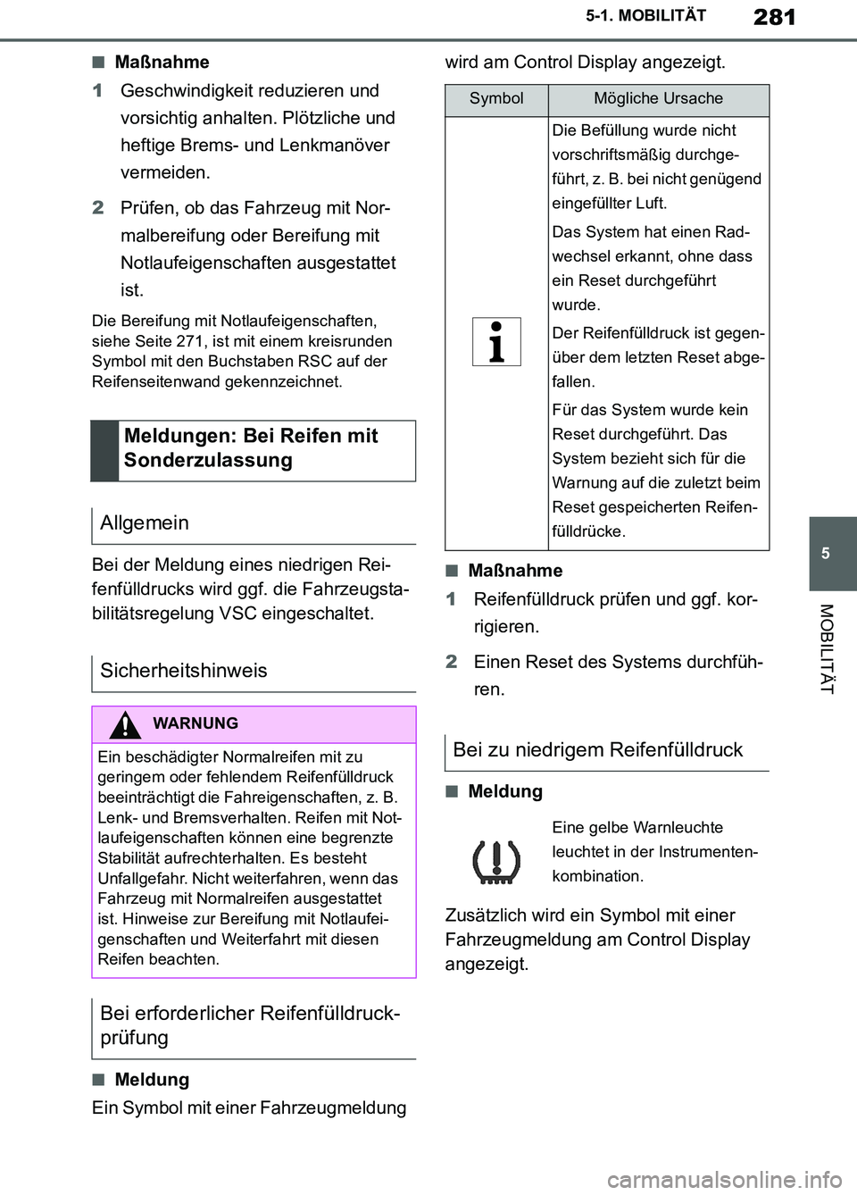 TOYOTA SUPRA 2019  Betriebsanleitungen (in German) 281
5
Supra Owner’s Manual_EM
5-1. MOBILITÄT
MOBILITÄT
■Maßnahme
1Geschwindigkeit reduzieren und 
vorsichtig anhalten. Plötzliche und 
heftige Brems- und Lenkmanöver 
vermeiden.
2Prüfen, ob 