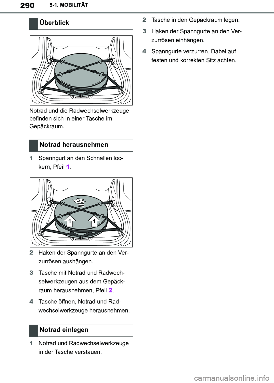 TOYOTA SUPRA 2019  Betriebsanleitungen (in German) 290
Supra Owner’s Manual_EM
5-1. MOBILITÄT
Notrad und die Radwechselwerkzeuge 
befinden sich in einer Tasche im 
Gepäckraum.
1Spanngurt an den Schnallen loc-
kern, Pfeil 1.
2Haken der Spanngurte a