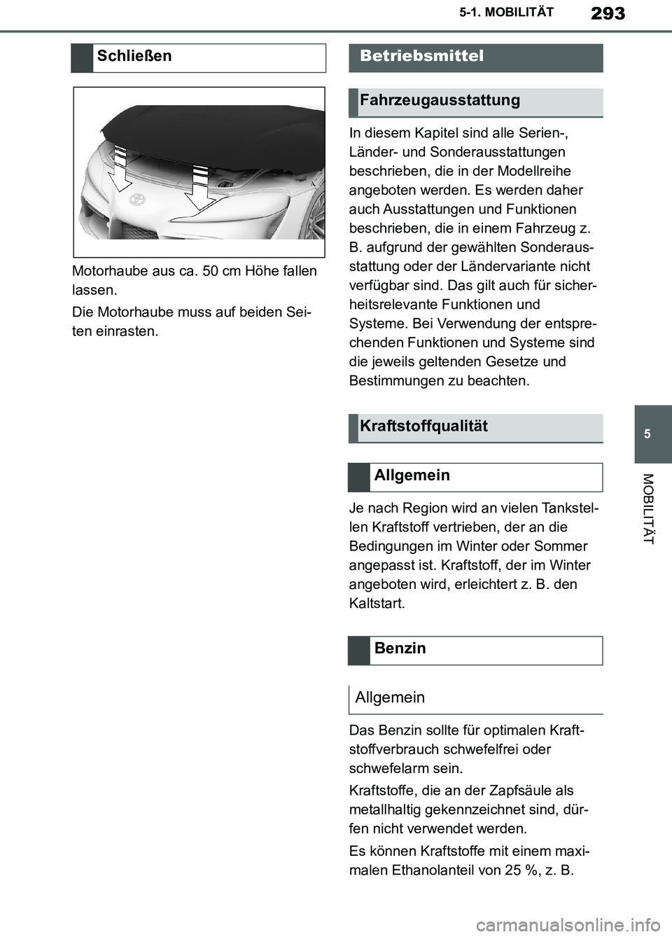 TOYOTA SUPRA 2019 Betriebsanleitungen (in German) 293
5
Supra Owner’s Manual_EM
5-1. MOBILITÄT
MOBILITÄT
Motorhaube aus ca. 50 cm Höhe fallen
lassen.
Die Motorhaube muss auf beiden Sei-
ten einrasten.In diesem Kapitel sind alle Serien-,
Lände TOYOTA SUPRA 2019 Betriebsanleitungen (in German) 293
5
Supra Owner’s Manual_EM
5-1. MOBILITÄT
MOBILITÄT
Motorhaube aus ca. 50 cm Höhe fallen
lassen.
Die Motorhaube muss auf beiden Sei-
ten einrasten.In diesem Kapitel sind alle Serien-,
Lände