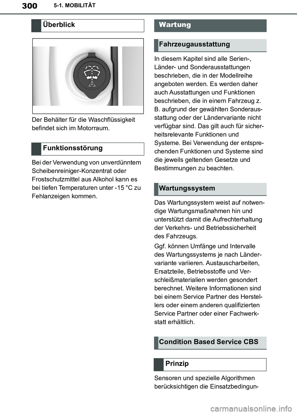 TOYOTA SUPRA 2019 Betriebsanleitungen (in German) 300
Supra Owner’s Manual_EM
5-1. MOBILITÄT
Der Behälter für die Waschflüssigkeit
befindet sich im Motorraum.
Bei der Verwendung von unverdünntem
Scheibenreiniger-Konzentrat oder
Frostschutzm TOYOTA SUPRA 2019 Betriebsanleitungen (in German) 300
Supra Owner’s Manual_EM
5-1. MOBILITÄT
Der Behälter für die Waschflüssigkeit
befindet sich im Motorraum.
Bei der Verwendung von unverdünntem
Scheibenreiniger-Konzentrat oder
Frostschutzm