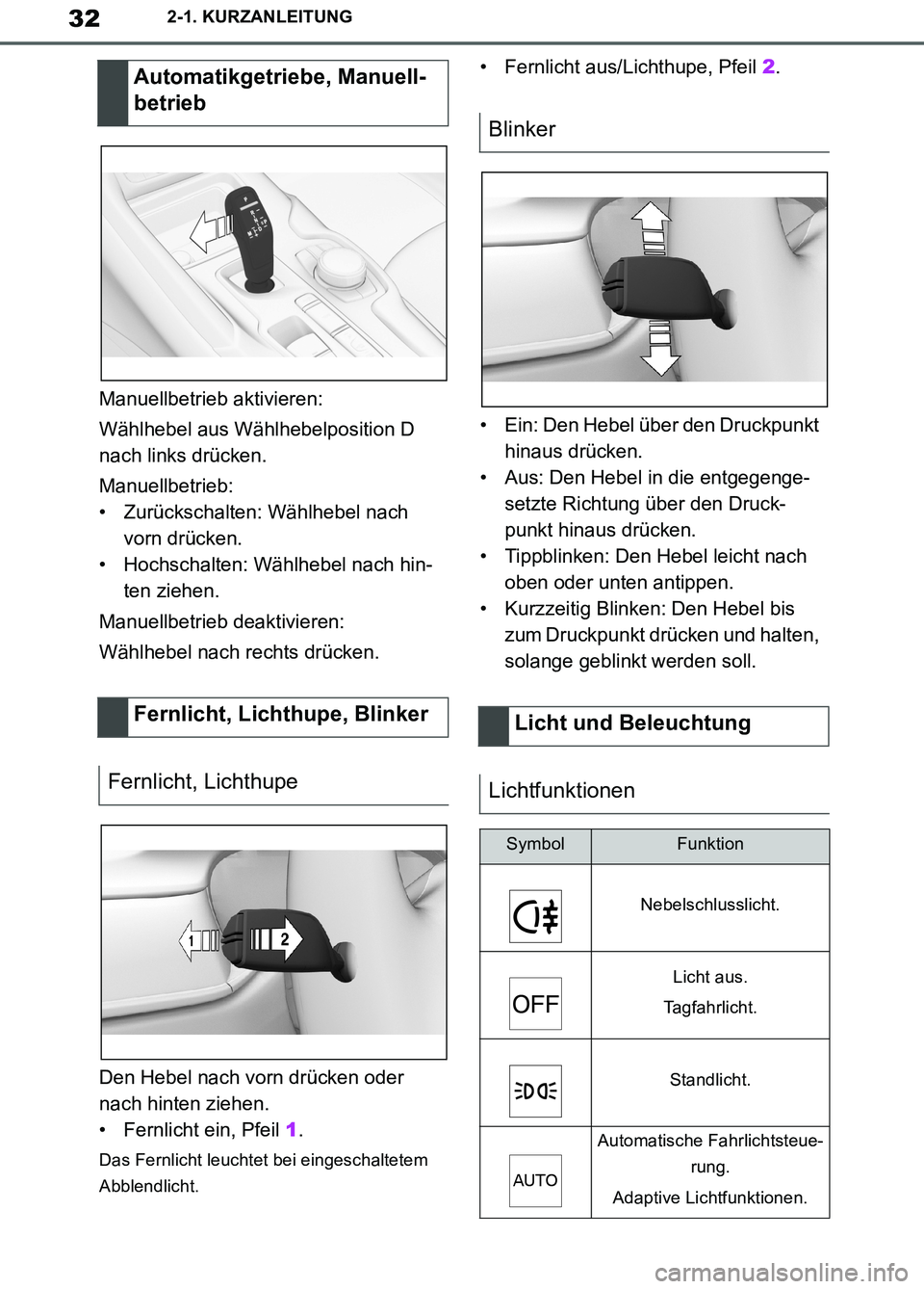 TOYOTA SUPRA 2019  Betriebsanleitungen (in German) 32
Supra Owner’s Manual_EM
2-1. KURZANLEITUNG
Manuellbetrieb aktivieren:
Wählhebel aus Wählhebelposition D 
nach links drücken.
Manuellbetrieb:
• Zurückschalten: Wählhebel nach 
vorn drücken