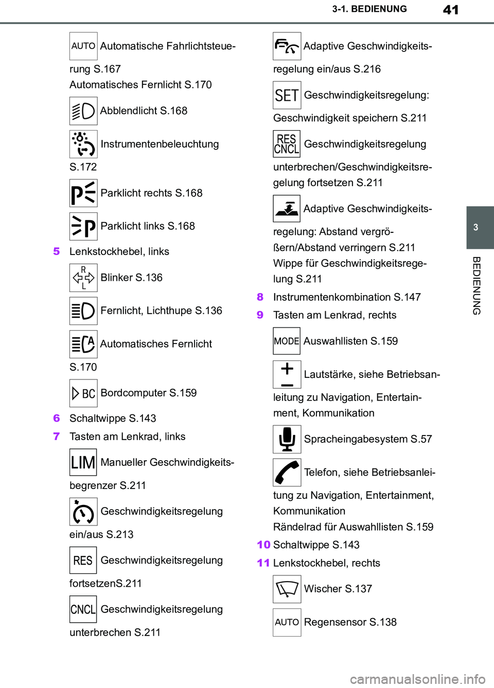 TOYOTA SUPRA 2019  Betriebsanleitungen (in German) 41
3
Supra Owner’s Manual_EM
3-1. BEDIENUNG
BEDIENUNG
 Automatische Fahrlichtsteue-
rung S.167
Automatisches Fernlicht S.170
 Abblendlicht S.168
 Instrumentenbeleuchtung 
S.172
 Parklicht rechts S.1