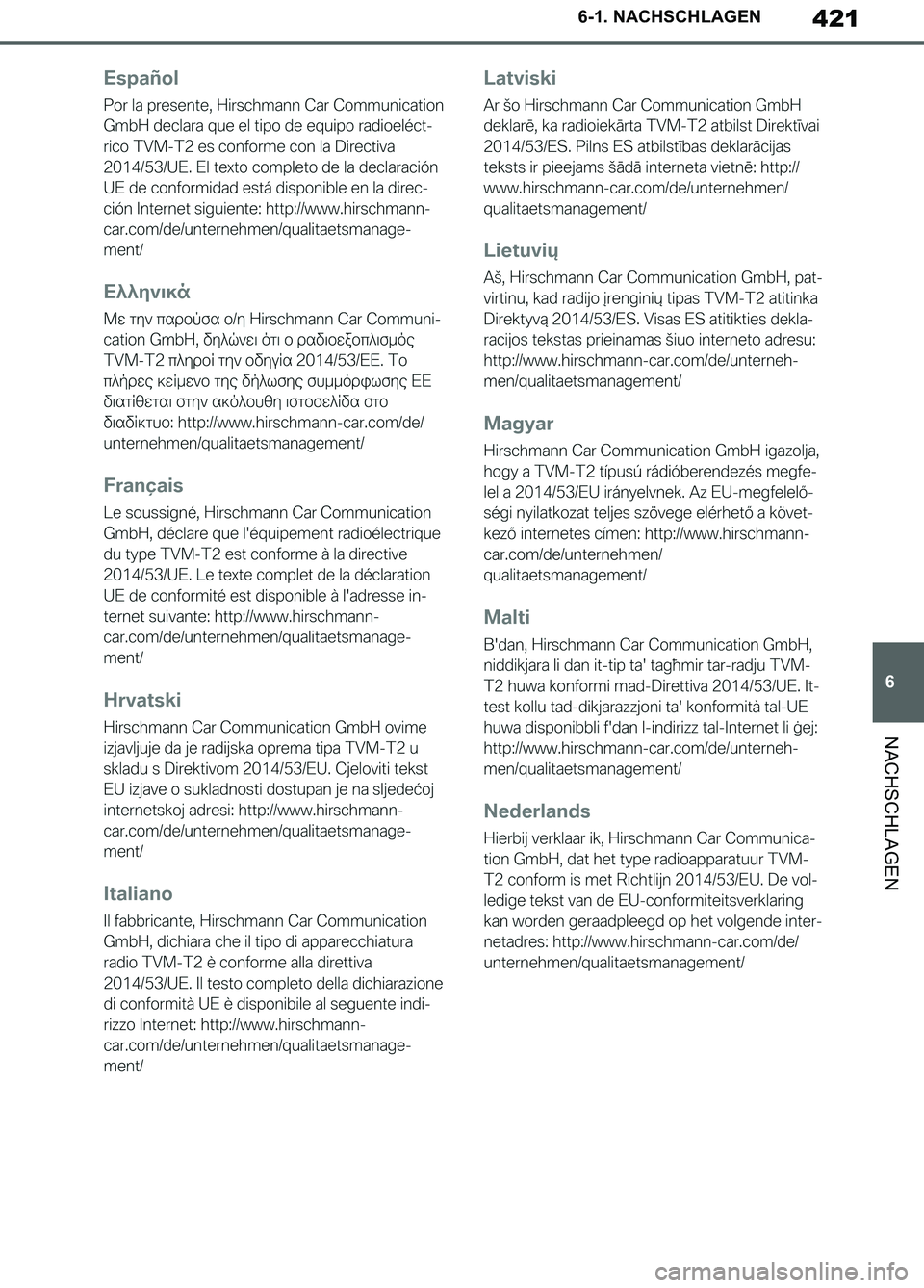 TOYOTA SUPRA 2019 Betriebsanleitungen (in German) 421
6
Supra Owner’s Manual_EM
6-1. NACHSCHLAGEN
NACHSCHLAGEN
Supra_OM_German_OM99T07M.book 421 ページ 2019年2月20日 水曜日 午前11時16分 TOYOTA SUPRA 2019 Betriebsanleitungen (in German) 421
6
Supra Owner’s Manual_EM
6-1. NACHSCHLAGEN
NACHSCHLAGEN
Supra_OM_German_OM99T07M.book 421 ページ 2019年2月20日 水曜日 午前11時16分
