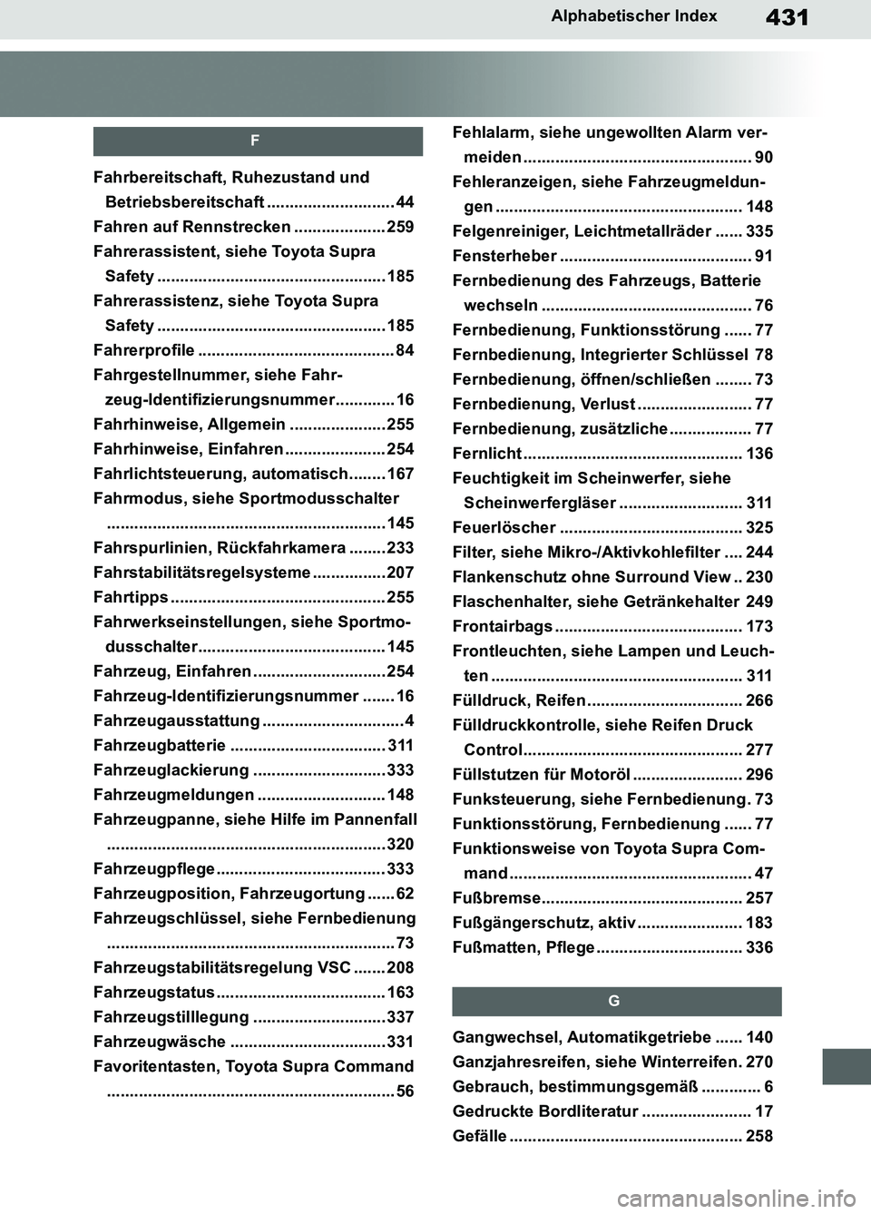 TOYOTA SUPRA 2019  Betriebsanleitungen (in German) 431
Supra Owner’s Manual_EM
Alphabetischer Index
F
Fahrbereitschaft, Ruhezustand und 
Betriebsbereitschaft ............................ 44
Fahren auf Rennstrecken .................... 259
Fahrerassi