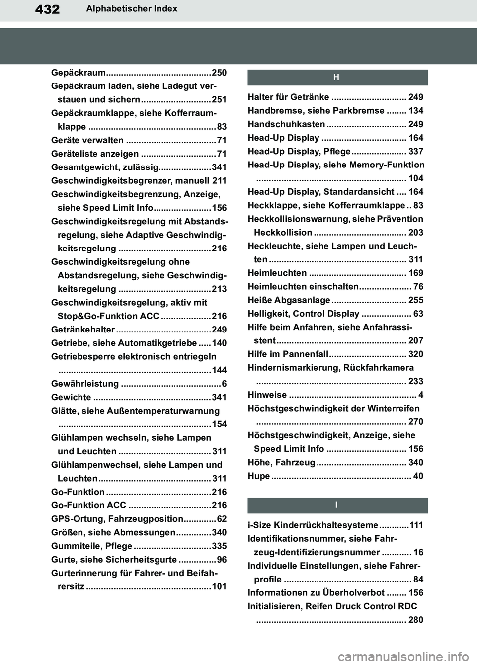 TOYOTA SUPRA 2019  Betriebsanleitungen (in German) 432
Supra Owner’s Manual_EM
Alphabetischer Index
Gepäckraum.......................................... 250
Gepäckraum laden, siehe Ladegut ver-
stauen und sichern ............................ 251
G