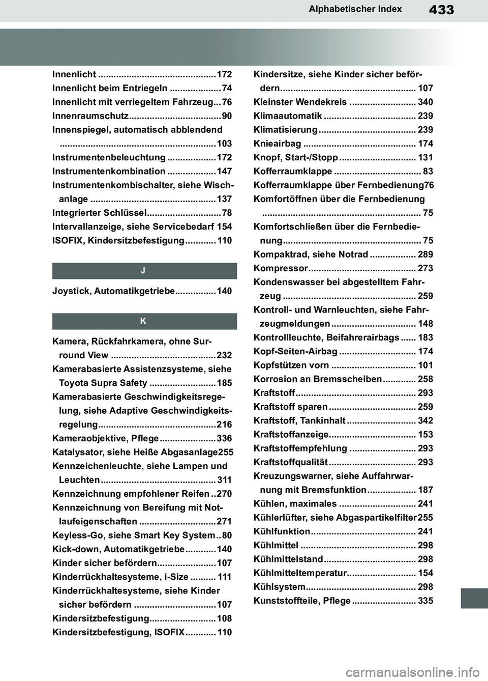 TOYOTA SUPRA 2019  Betriebsanleitungen (in German) 433
Supra Owner’s Manual_EM
Alphabetischer Index
Innenlicht .............................................. 172
Innenlicht beim Entriegeln .................... 74
Innenlicht mit verriegeltem Fahrzeug