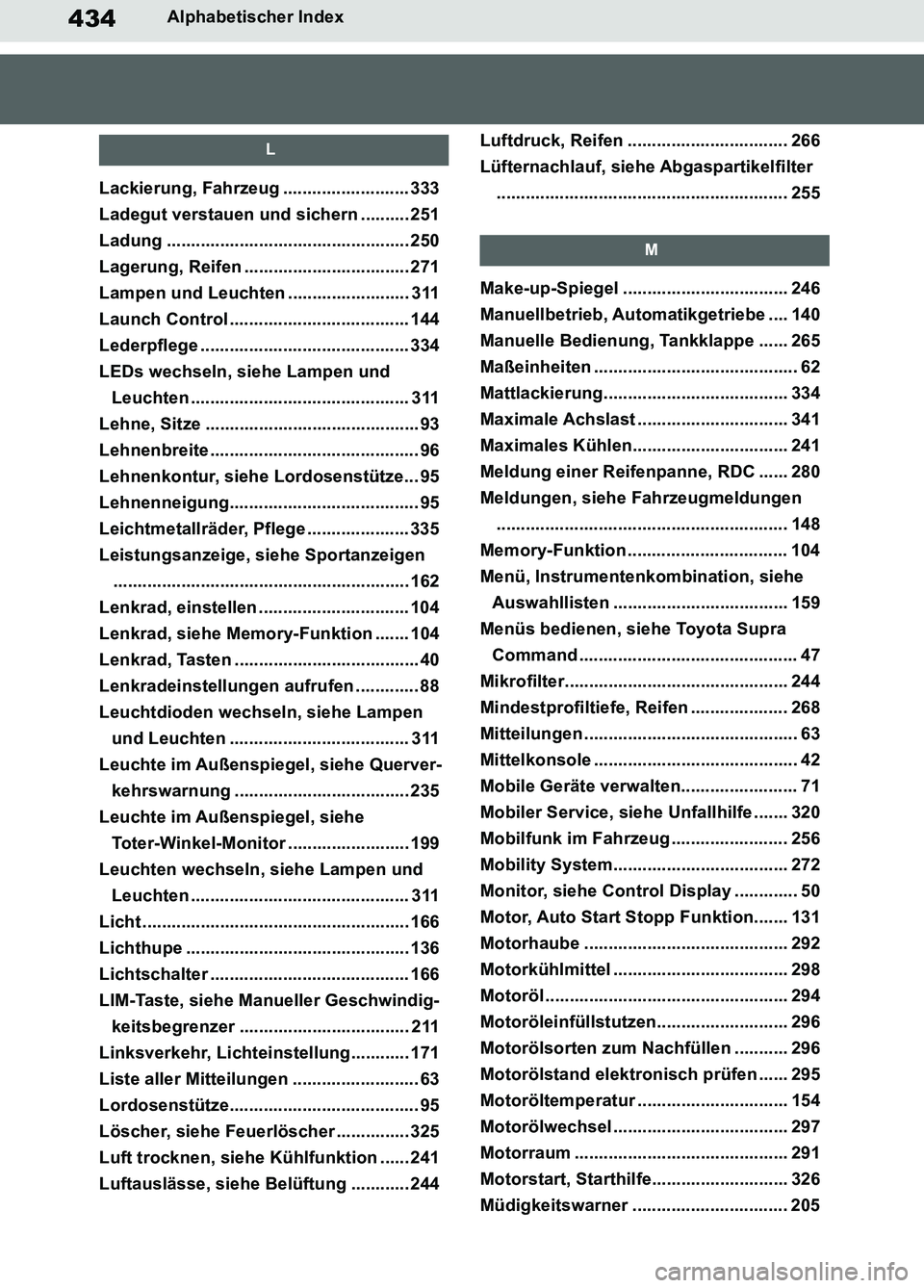 TOYOTA SUPRA 2019  Betriebsanleitungen (in German) 434
Supra Owner’s Manual_EM
Alphabetischer Index
L
Lackierung, Fahrzeug .......................... 333
Ladegut verstauen und sichern .......... 251
Ladung ...........................................