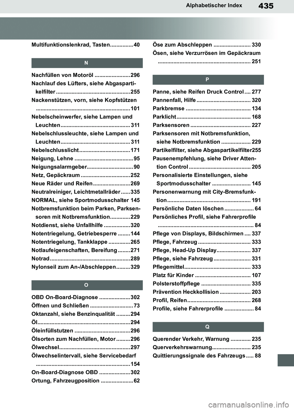TOYOTA SUPRA 2019  Betriebsanleitungen (in German) 435
Supra Owner’s Manual_EM
Alphabetischer Index
Multifunktionslenkrad, Tasten............... 40
N
Nachfüllen von Motoröl ....................... 296
Nachlauf des Lüfters, siehe Abgasparti-
kelfi