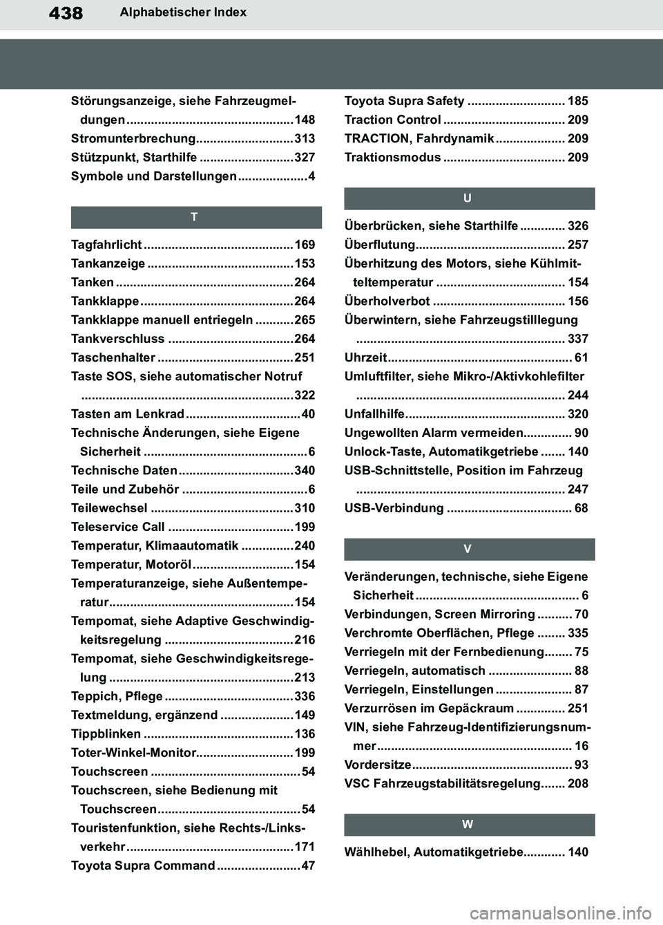 TOYOTA SUPRA 2019  Betriebsanleitungen (in German) 438
Supra Owner’s Manual_EM
Alphabetischer Index
Störungsanzeige, siehe Fahrzeugmel-
dungen ................................................ 148
Stromunterbrechung............................ 313
S