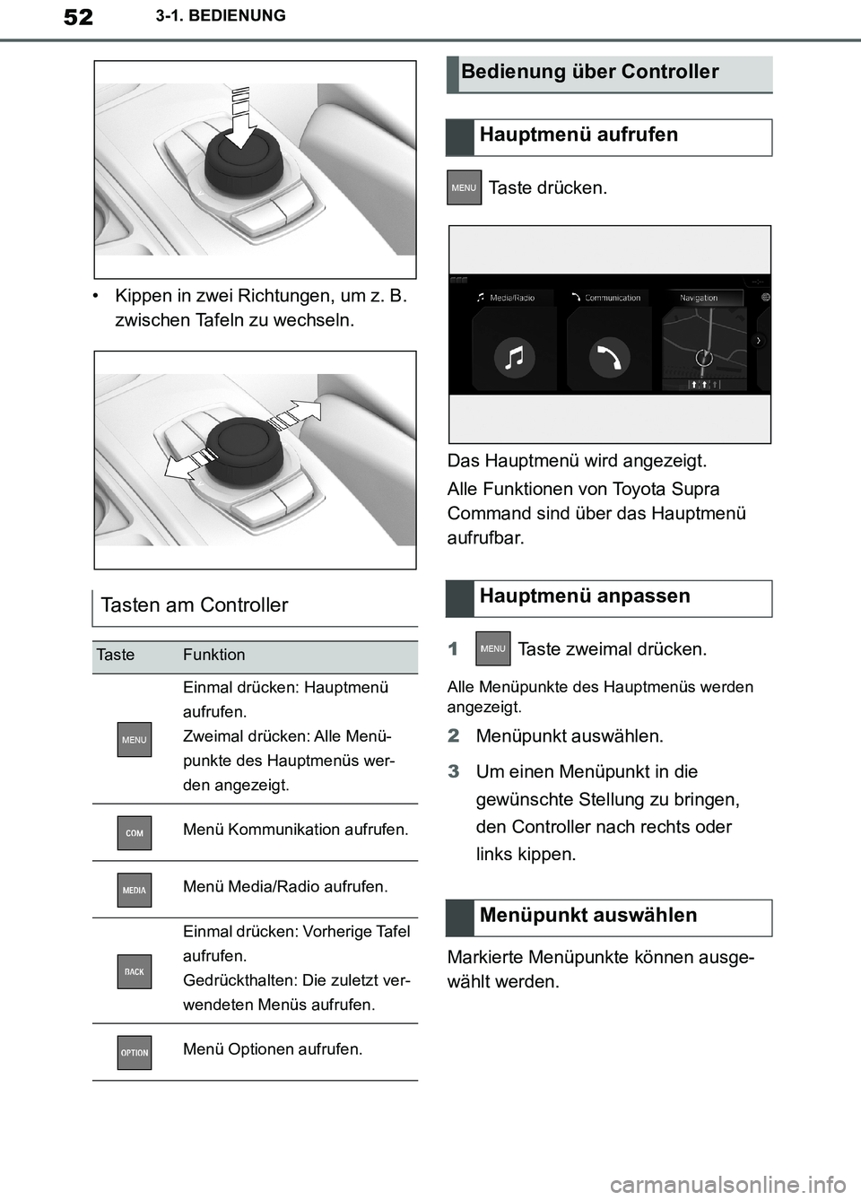 TOYOTA SUPRA 2019  Betriebsanleitungen (in German) 52
Supra Owner’s Manual_EM
3-1. BEDIENUNG
• Kippen in zwei Richtungen, um z. B. 
zwischen Tafeln zu wechseln. Taste drücken.
Das Hauptmenü wird angezeigt.
Alle Funktionen von Toyota Supra 
Comma