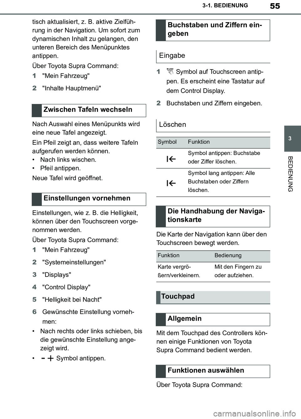 TOYOTA SUPRA 2019  Betriebsanleitungen (in German) 55
3
Supra Owner’s Manual_EM
3-1. BEDIENUNG
BEDIENUNG
tisch aktualisiert, z. B. aktive Zielfüh-
rung in der Navigation. Um sofort zum 
dynamischen Inhalt zu gelangen, den 
unteren Bereich des Menü